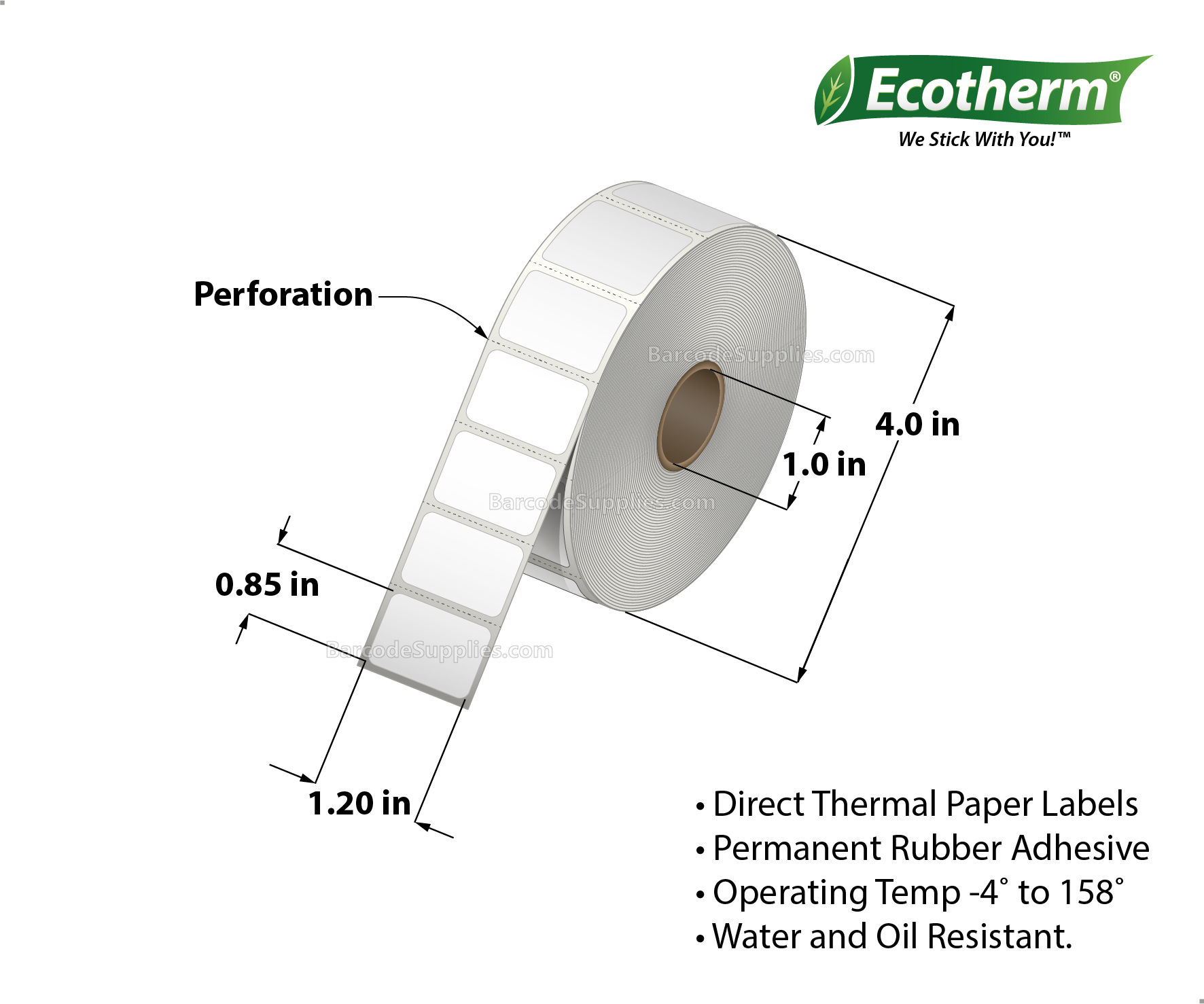 1.2 x 0.85 Direct Thermal White Labels With Rubber Adhesive - Perforated - 2200 Labels Per Roll - Carton Of 4 Rolls - 8800 Labels Total - MPN: ECOTHERM14131-4