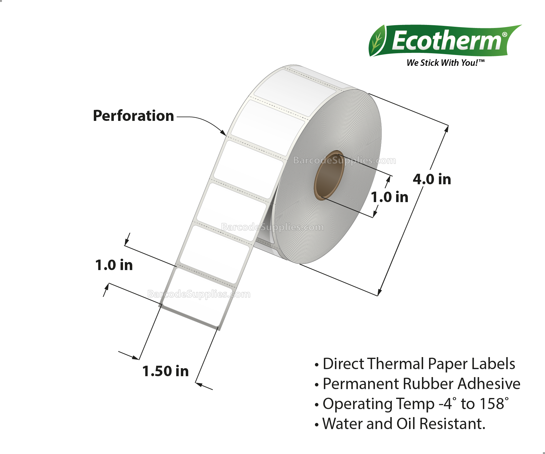 1.5 x 1 Direct Thermal White Labels With Rubber Adhesive - Perforated - 1325 Labels Per Roll - Carton Of 4 Rolls - 5300 Labels Total - MPN: ECOTHERM14119-4