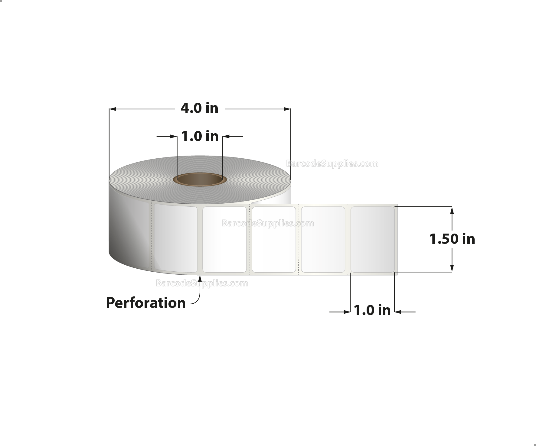 1.5 x 1 Thermal Transfer White Labels With Permanent Adhesive - Perforated - 1375 Labels Per Roll - Carton Of 12 Rolls - 16500 Labels Total - MPN: RT-15-1-1375-1