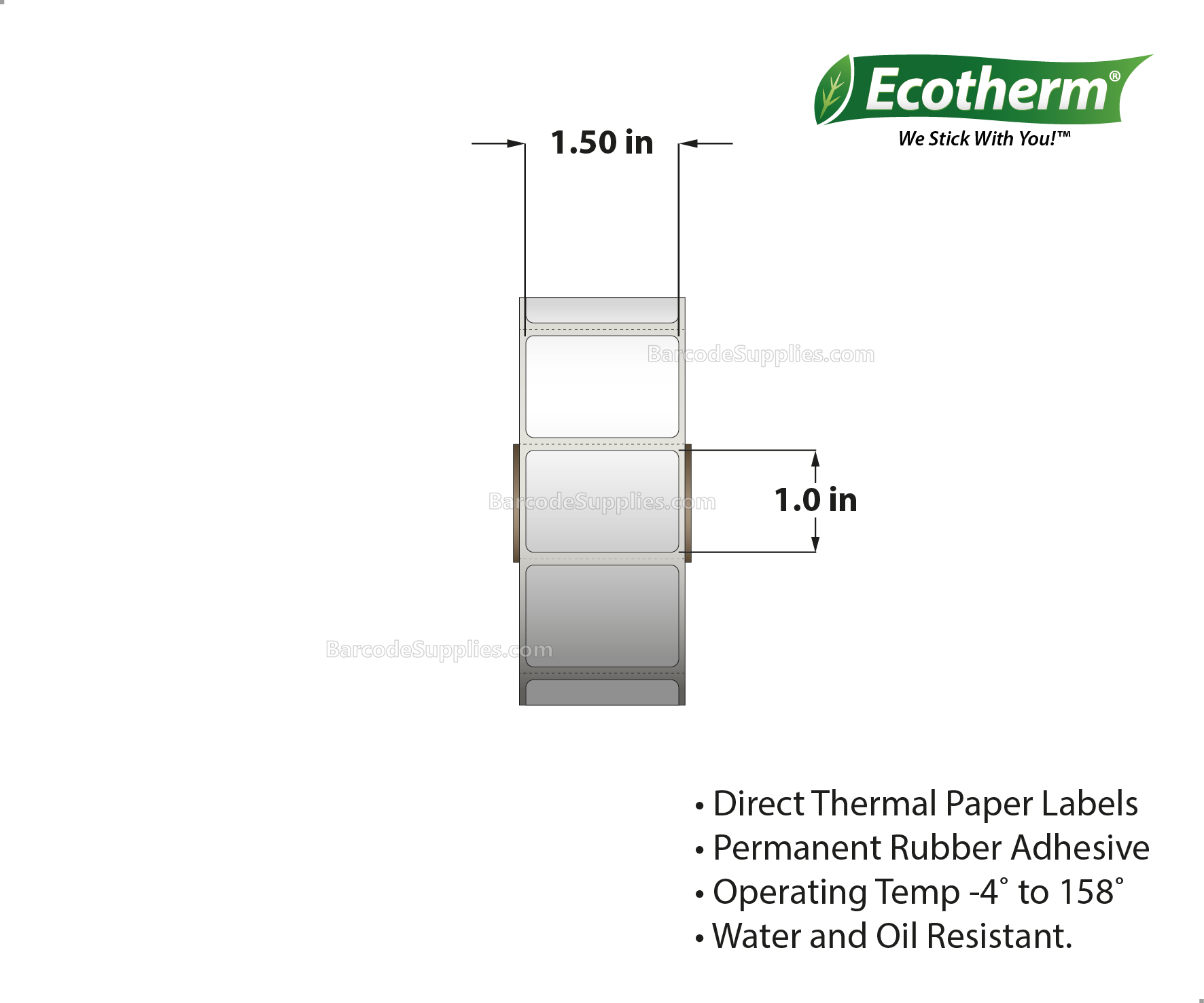 1.5 x 1 Direct Thermal White Labels With Rubber Adhesive - Perforated - 1325 Labels Per Roll - Carton Of 4 Rolls - 5300 Labels Total - MPN: ECOTHERM14119-4