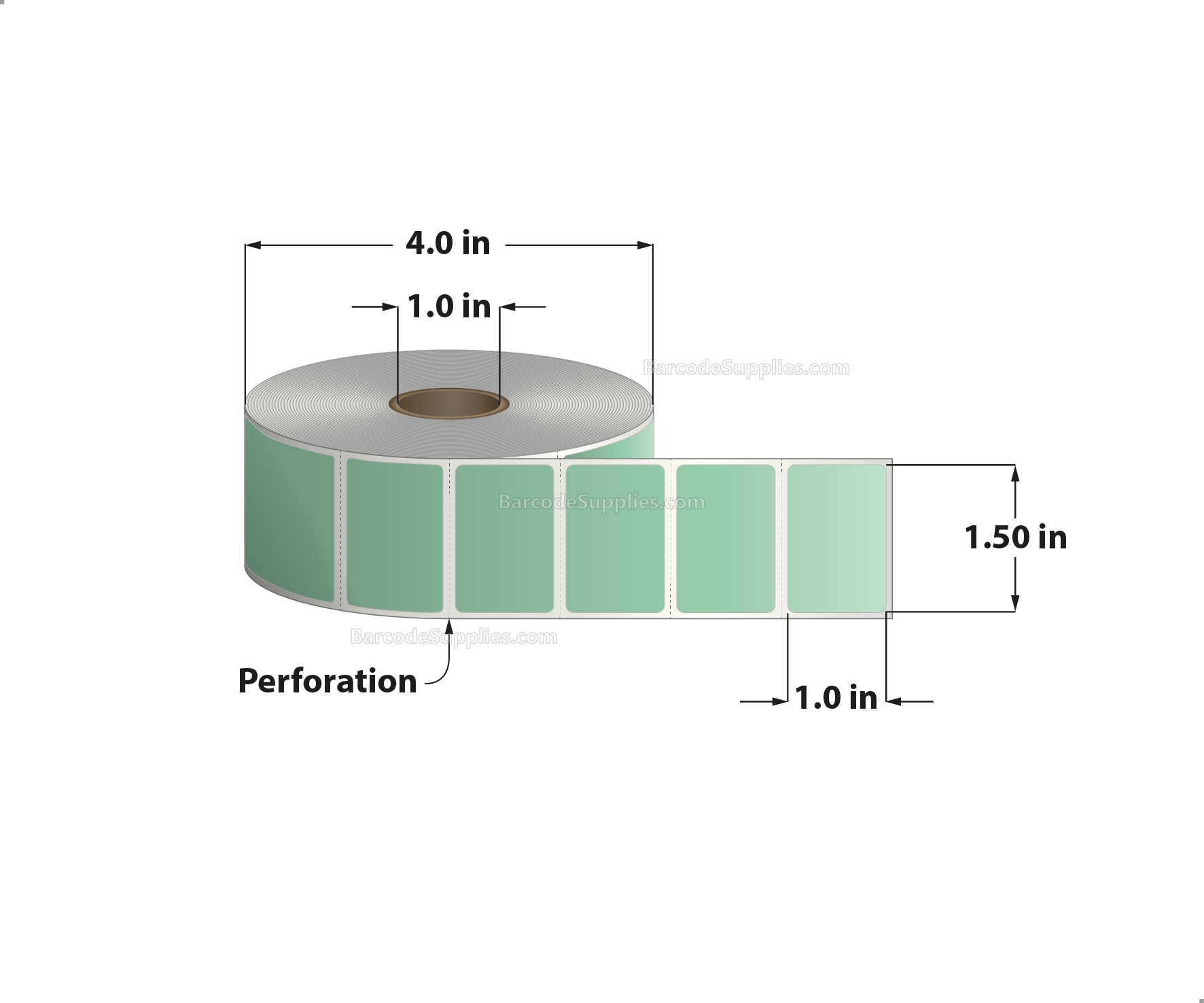 1.5 x 1 Direct Thermal Green Labels With Acrylic Adhesive - Perforated - 1375 Labels Per Roll - Carton Of 12 Rolls - 16500 Labels Total - MPN: RD-15-1-1375-GR