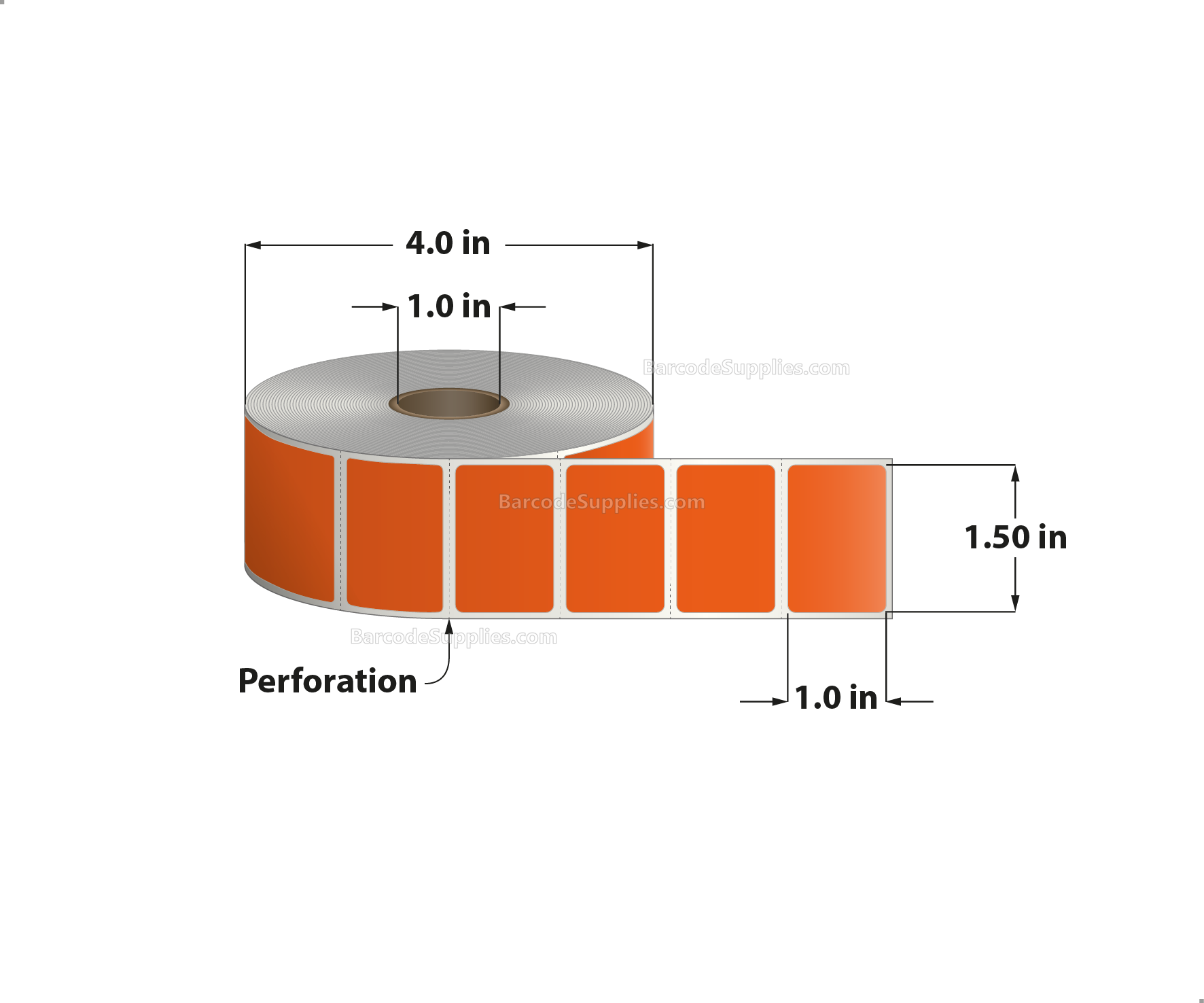 1.5 x 1 Direct Thermal Orange Labels With Acrylic Adhesive - Perforated - 1375 Labels Per Roll - Carton Of 12 Rolls - 16500 Labels Total - MPN: RD-15-1-1375-OR