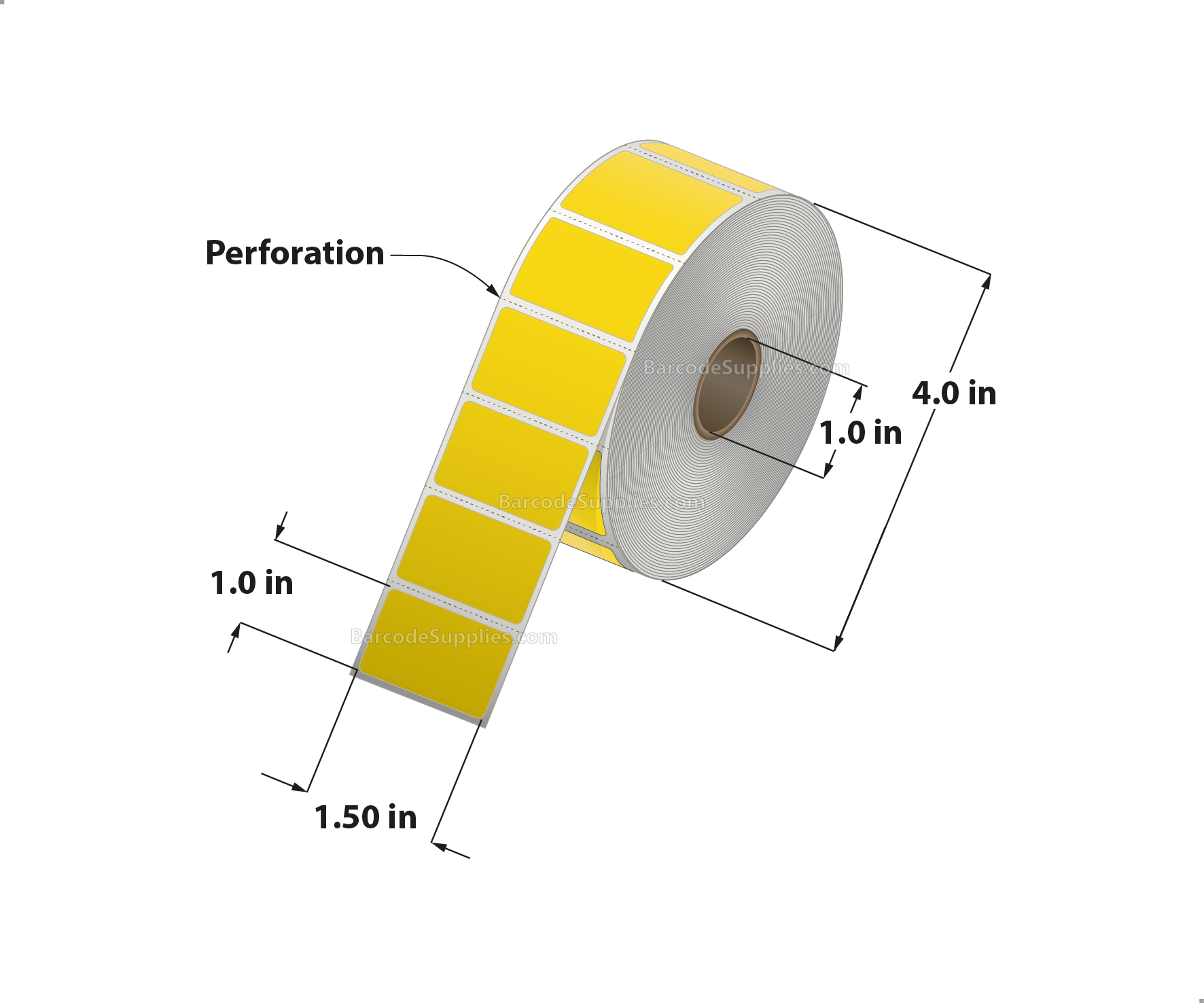 1.5 x 1 Direct Thermal Yellow Labels With Acrylic Adhesive - Perforated - 1375 Labels Per Roll - Carton Of 12 Rolls - 16500 Labels Total - MPN: RD-15-1-1375-YL