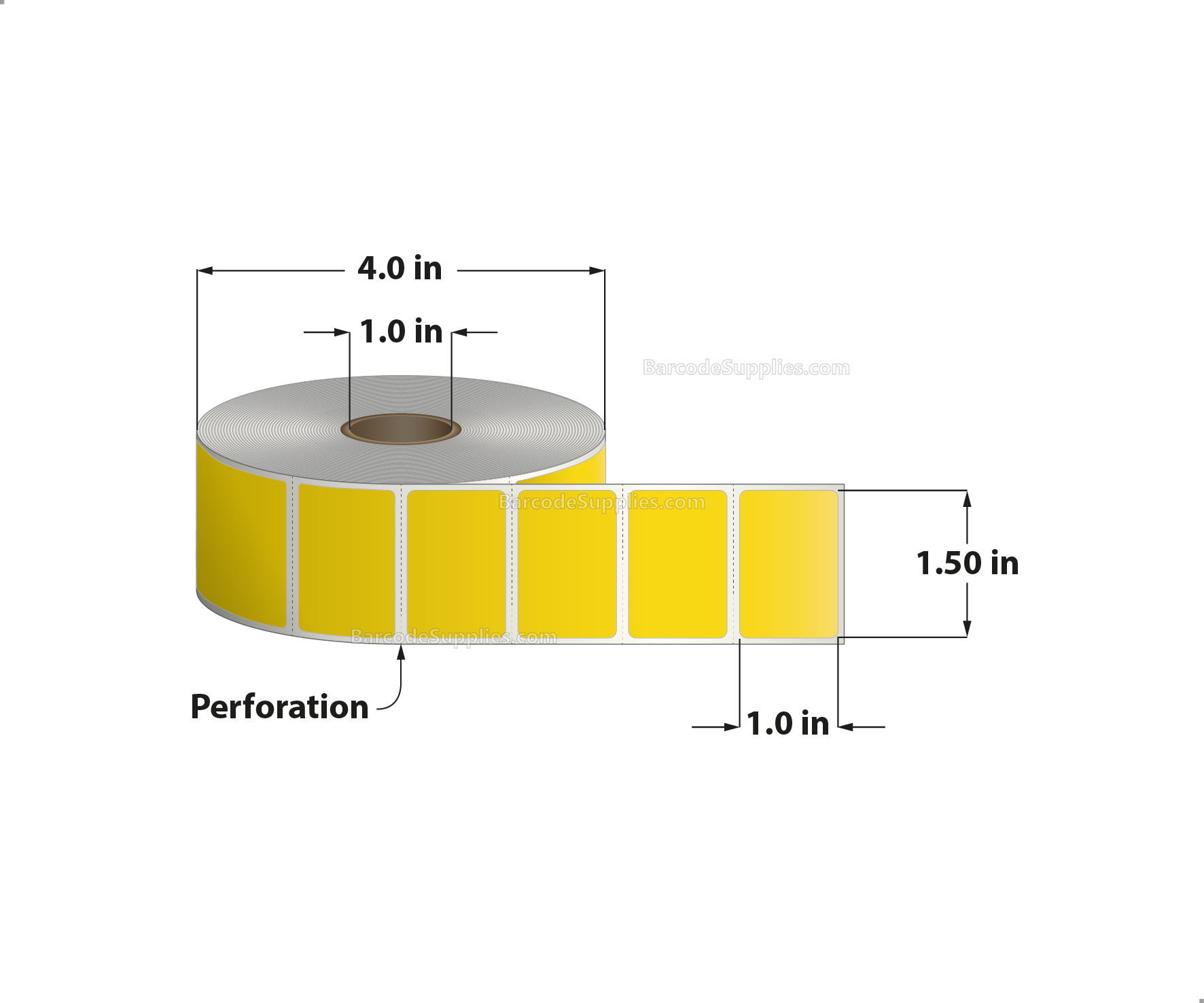 1.5 x 1 Direct Thermal Yellow Labels With Acrylic Adhesive - Perforated - 1375 Labels Per Roll - Carton Of 12 Rolls - 16500 Labels Total - MPN: RD-15-1-1375-YL