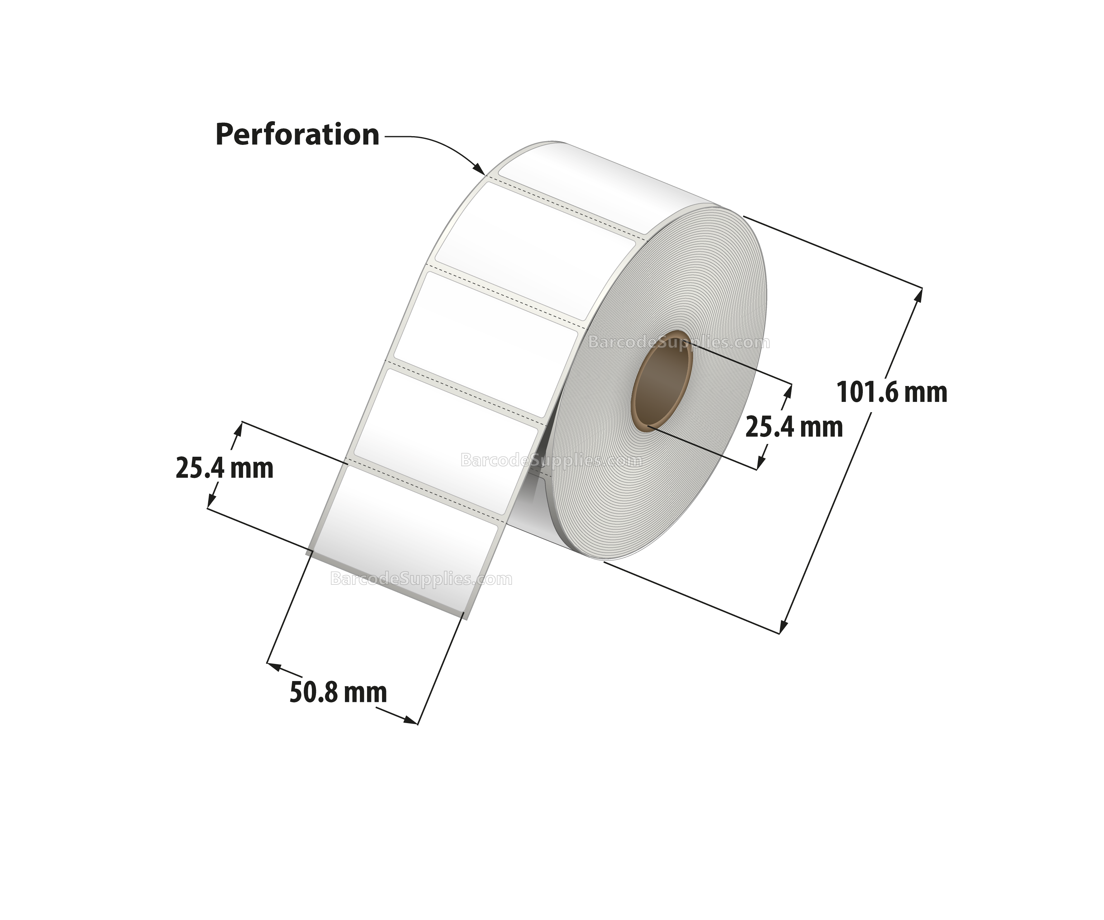 2 x 1 Thermal Transfer White Labels With Permanent Adhesive - Perforated - 1375 Labels Per Roll - Carton Of 12 Rolls - 16500 Labels Total - MPN: RT-2-1-1375-1 - BarcodeSource, Inc.