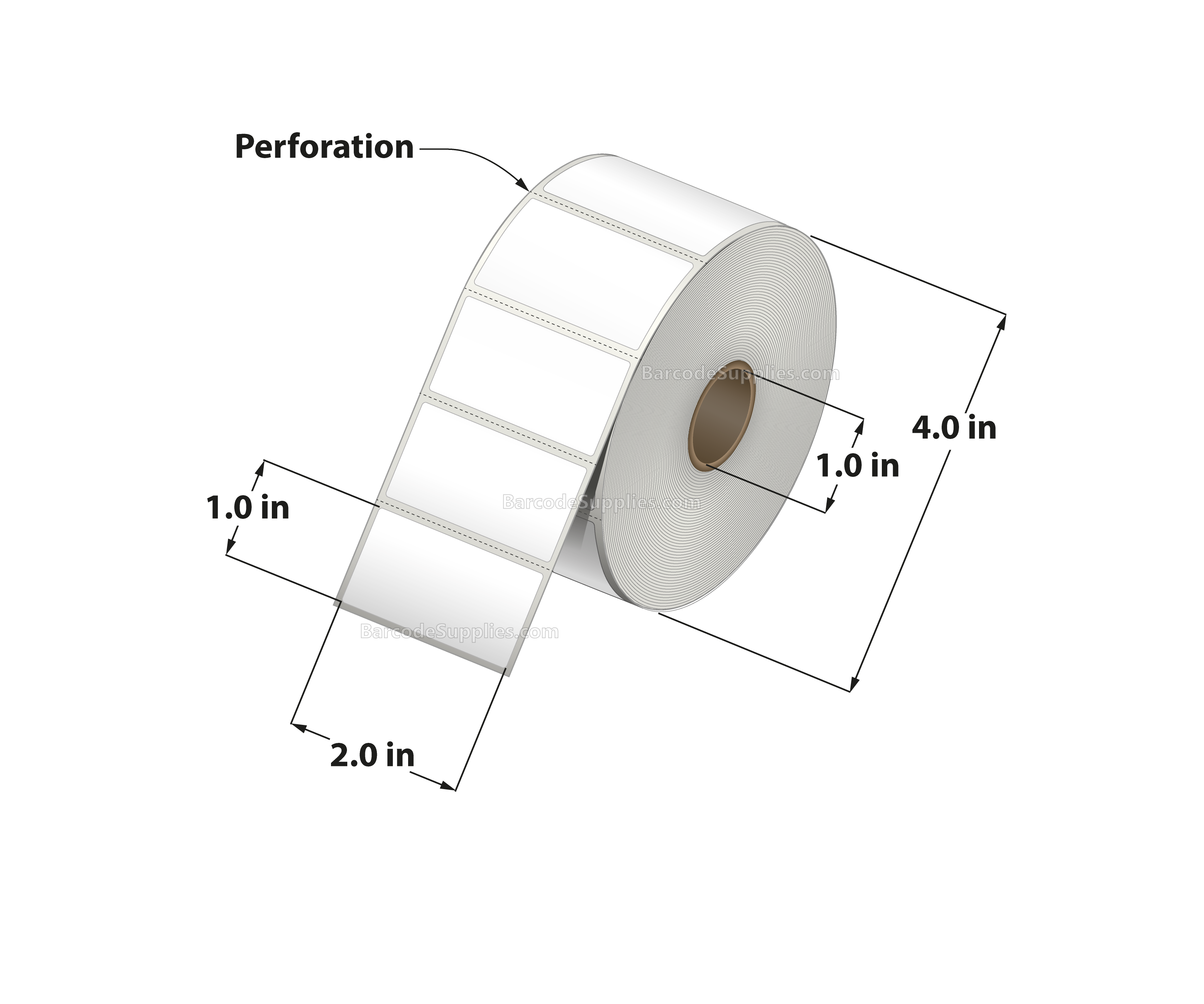 2 x 1 Thermal Transfer White Labels With Removable Adhesive - Perforated - 1375 Labels Per Roll - Carton Of 12 Rolls - 16500 Labels Total - MPN: RE-2-1-1375-1 - BarcodeSource, Inc.
