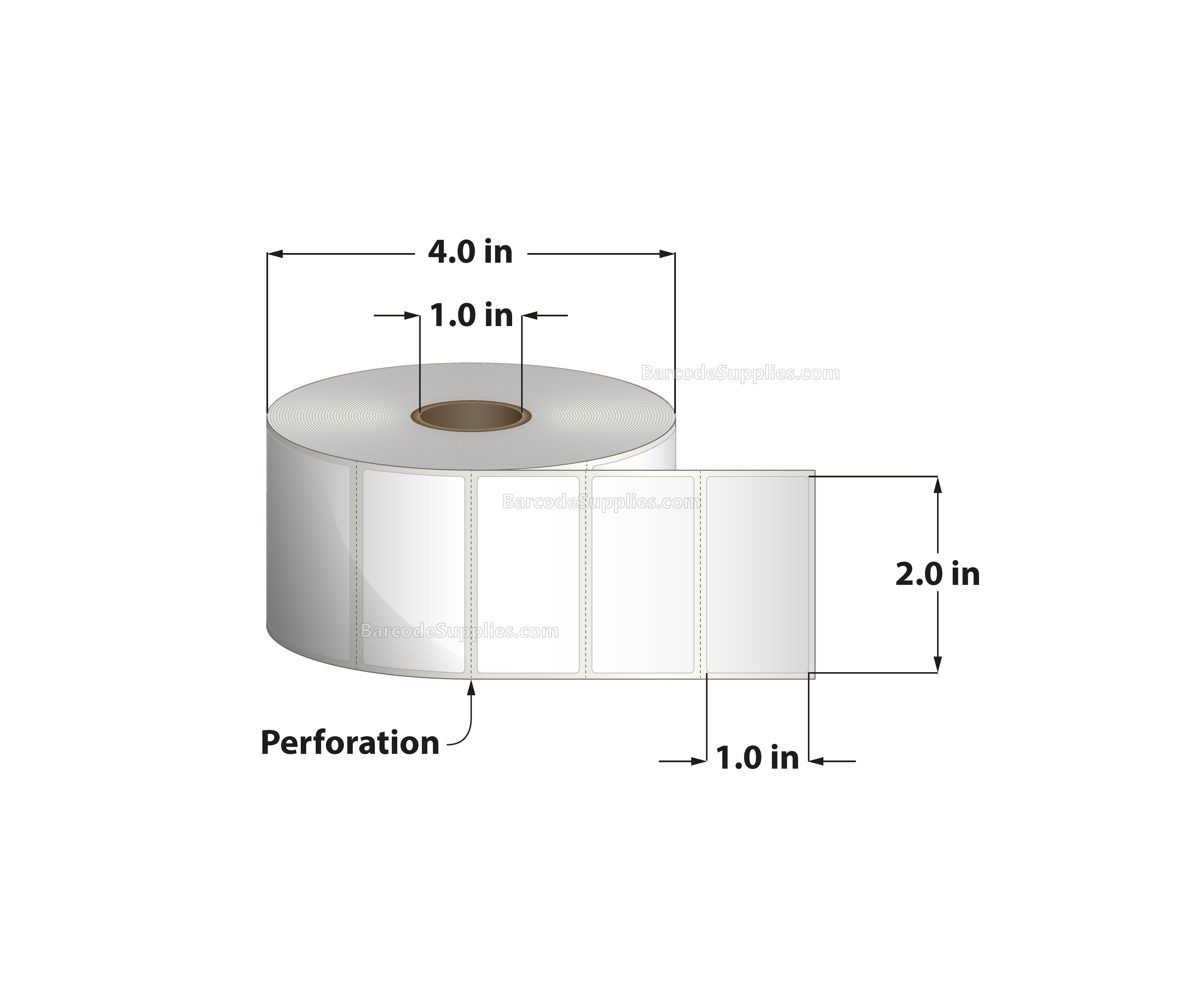 2 x 1 Thermal Transfer White Labels With Removable Adhesive - Perforated - 1375 Labels Per Roll - Carton Of 12 Rolls - 16500 Labels Total - MPN: RE-2-1-1375-1 - BarcodeSource, Inc.