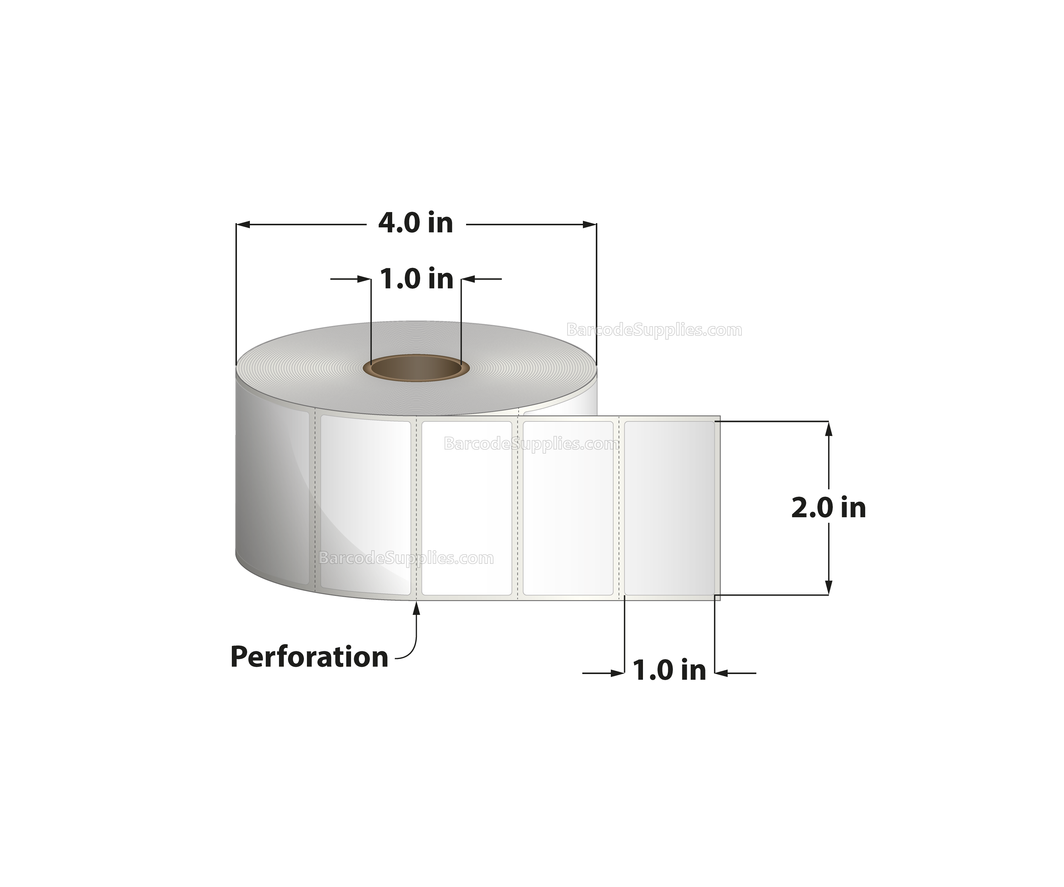 2 x 1 Thermal Transfer White Labels With Permanent Adhesive - Perforated - 1375 Labels Per Roll - Carton Of 12 Rolls - 16500 Labels Total - MPN: RT-2-1-1375-1 - BarcodeSource, Inc.