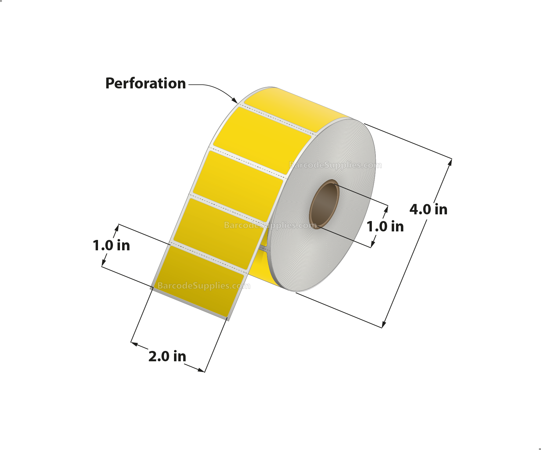 2 x 1 Direct Thermal Yellow Labels With Acrylic Adhesive - Perforated - 1375 Labels Per Roll - Carton Of 12 Rolls - 16500 Labels Total - MPN: RD-2-1-1375-YL
