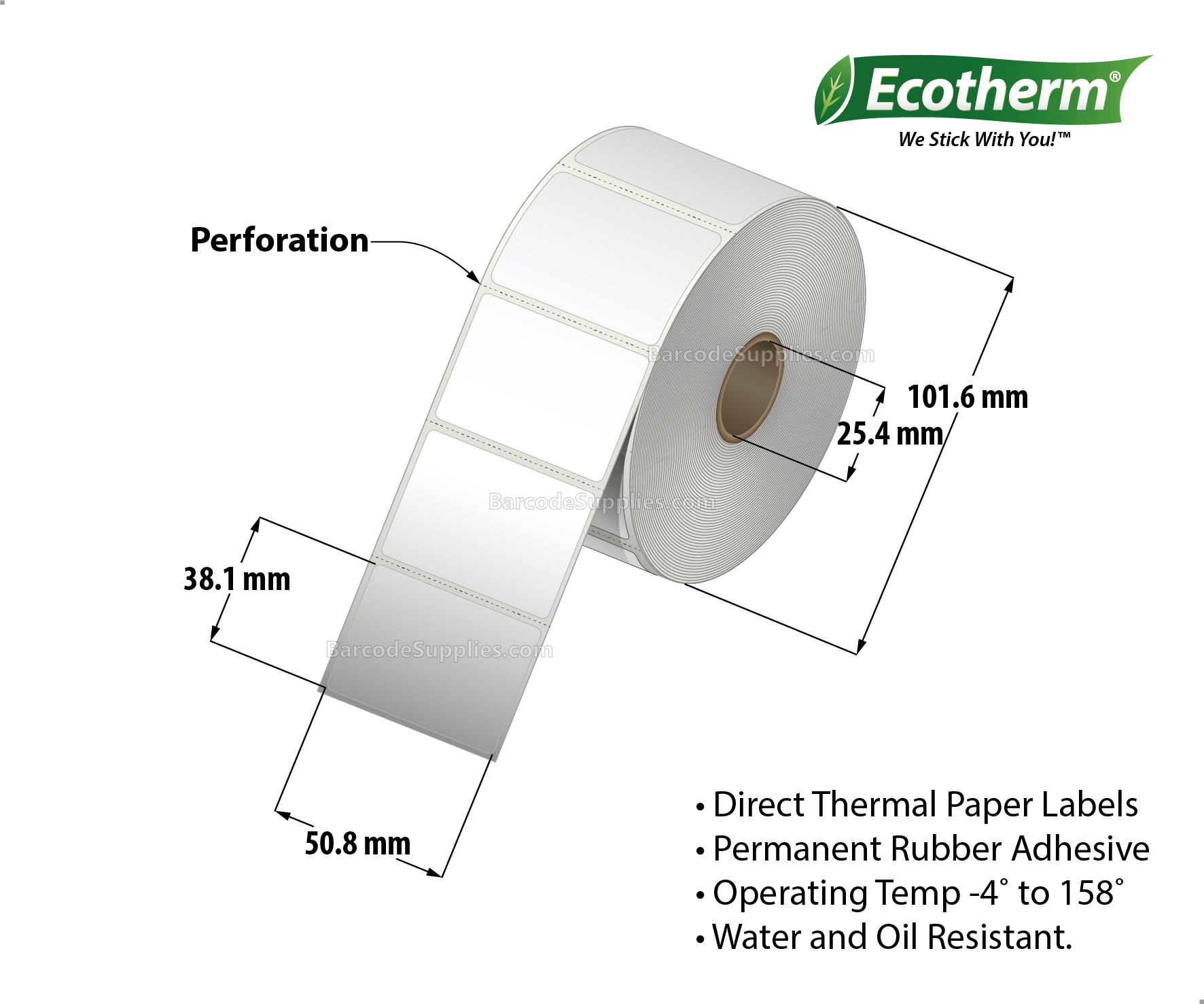 Products 2 x 1.5 Direct Thermal White Labels With Rubber Adhesive - Perforated - 1320 Labels Per Roll - Carton Of 4 Rolls - 5280 Labels Total - MPN: ECOTHERM14133-4