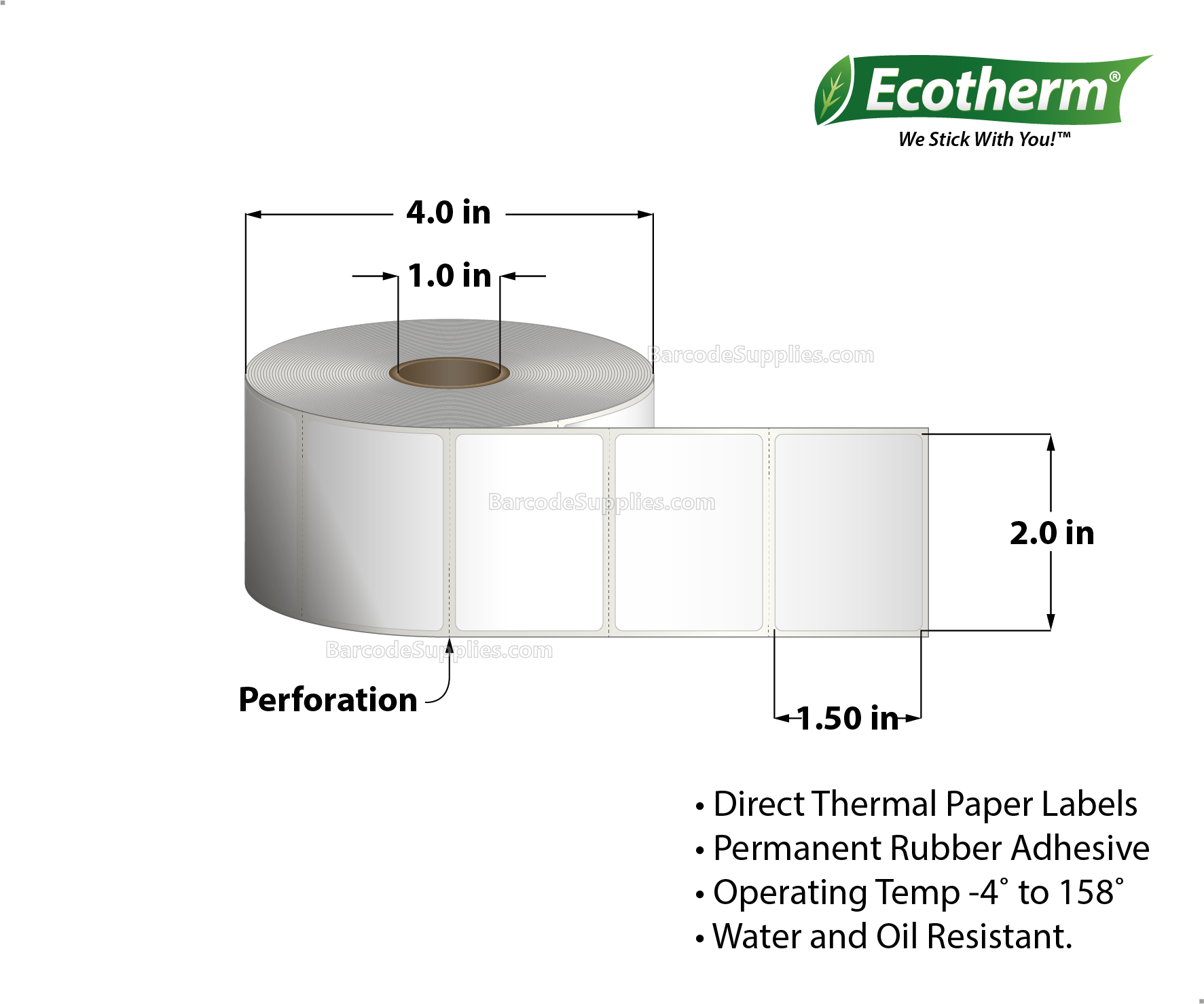 Products 2 x 1.5 Direct Thermal White Labels With Rubber Adhesive - Perforated - 1320 Labels Per Roll - Carton Of 4 Rolls - 5280 Labels Total - MPN: ECOTHERM14133-4