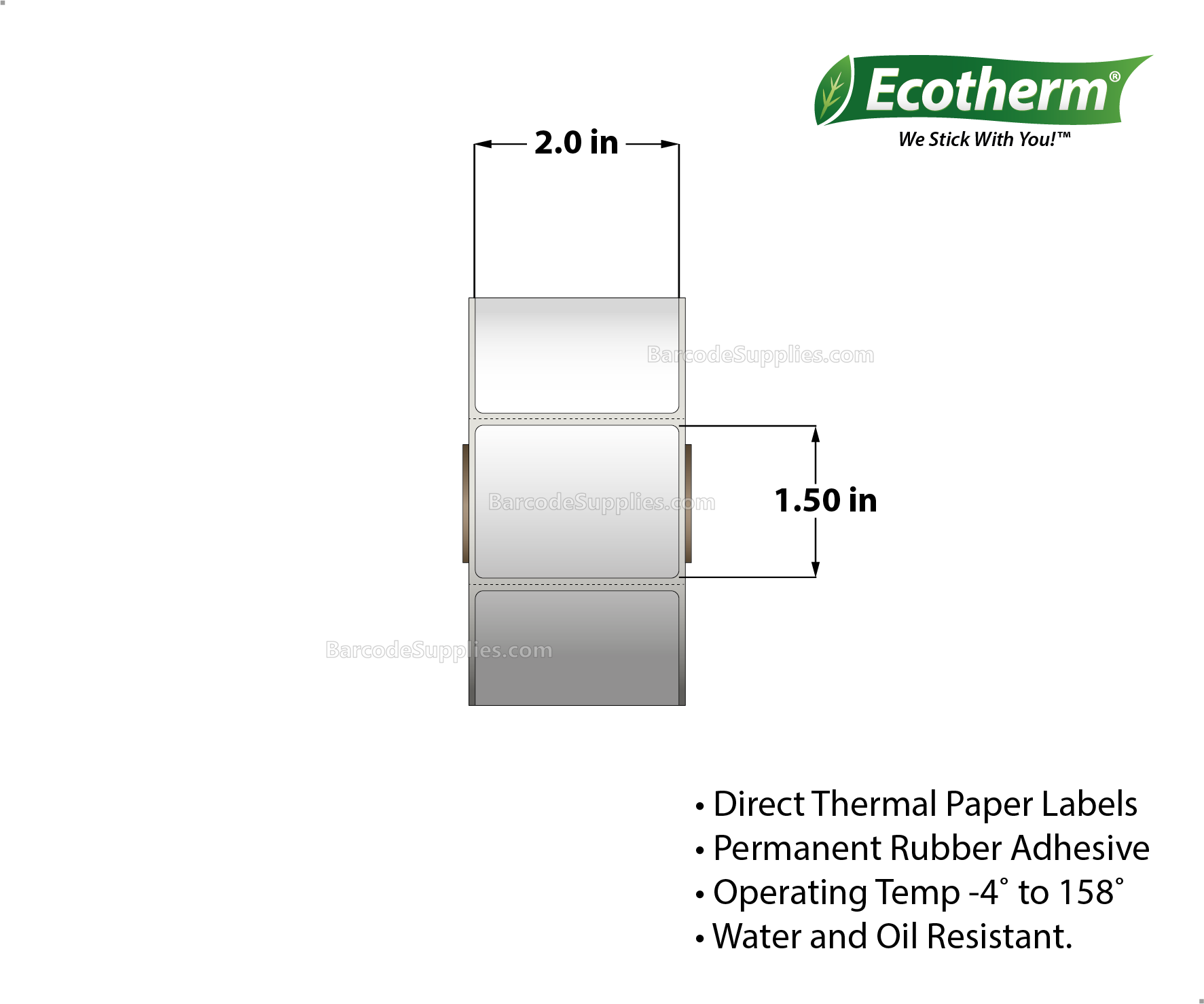 Products 2 x 1.5 Direct Thermal White Labels With Rubber Adhesive - Perforated - 1320 Labels Per Roll - Carton Of 4 Rolls - 5280 Labels Total - MPN: ECOTHERM14133-4