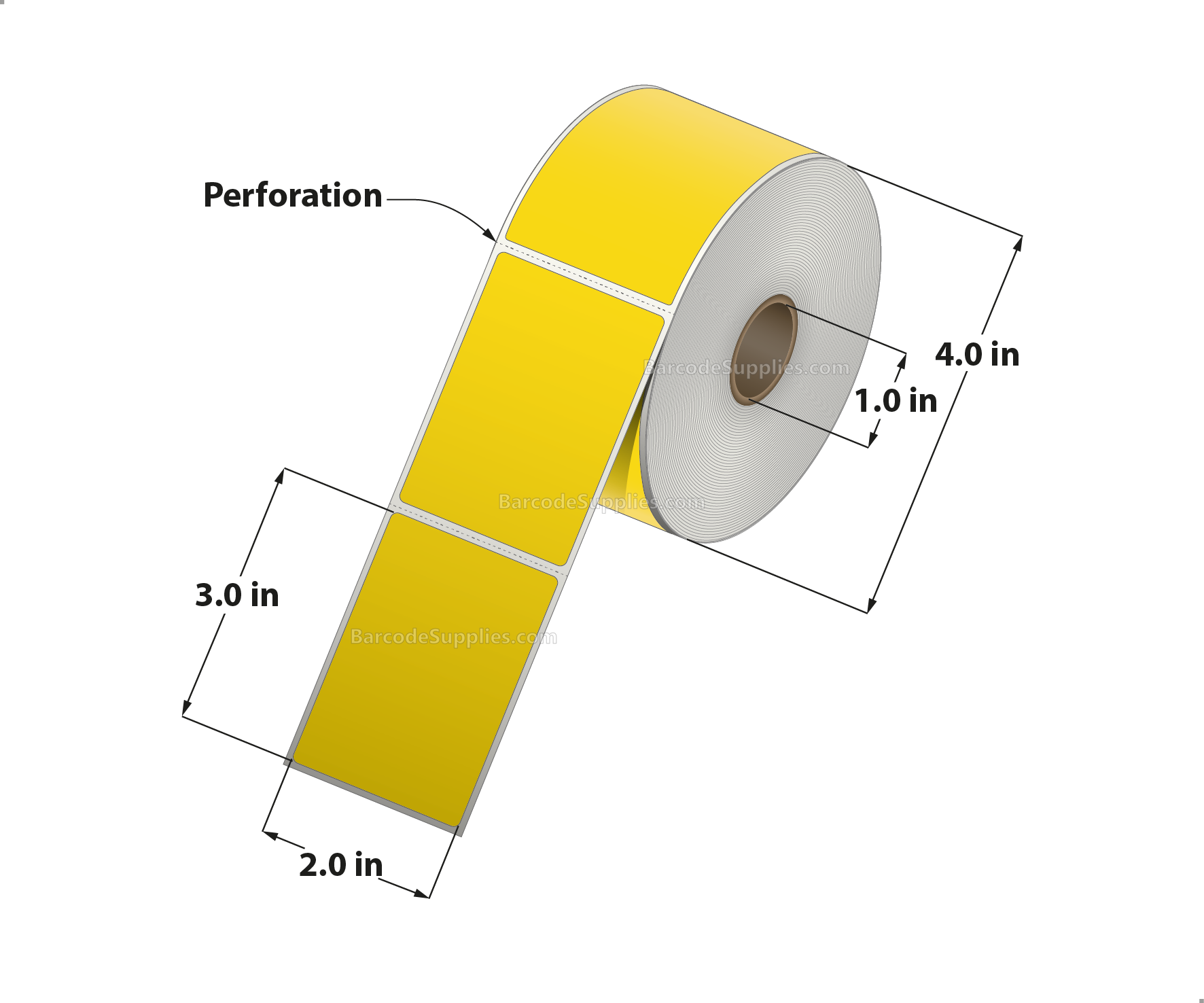2 x 3 Thermal Transfer Pantone Yellow Labels With Permanent Adhesive - Perforated - 500 Labels Per Roll - Carton Of 12 Rolls - 6000 Labels Total - MPN: RFC-2-3-500-YL