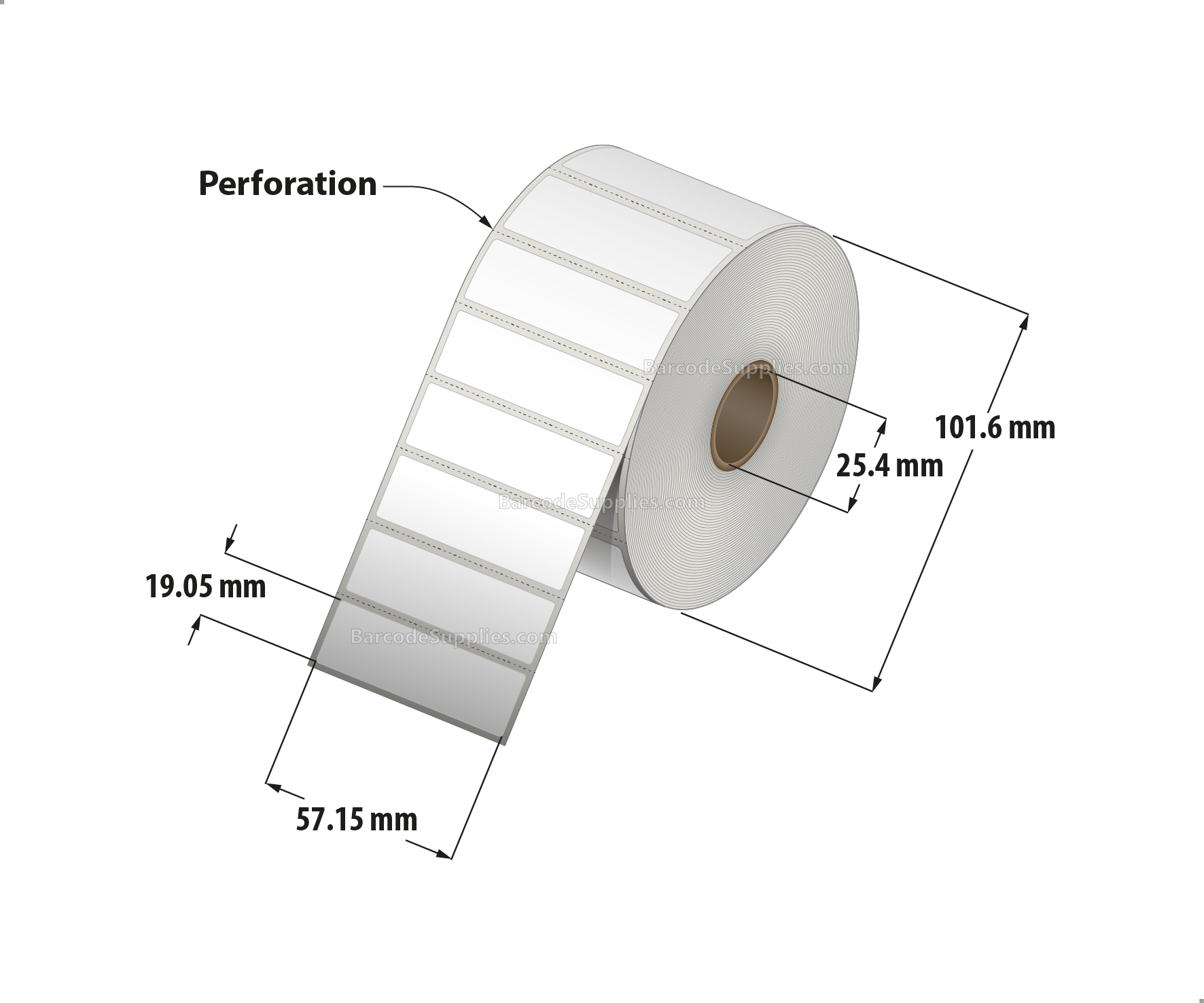 2.25 x 0.075 Thermal Transfer White Labels With Rubber Adhesive - Perforated - 1780 Labels Per Roll - Carton Of 12 Rolls - 21360 Labels Total - MPN: RTT4-225075-1P