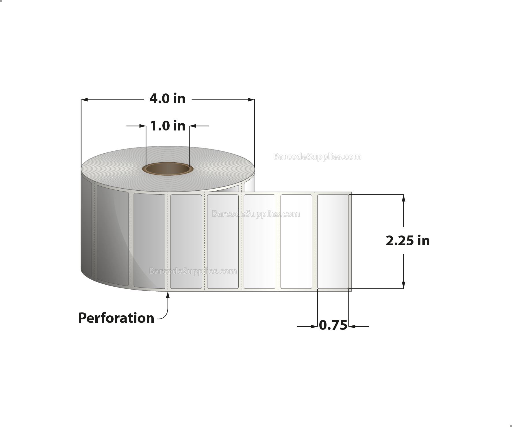 2.25 x 0.075 Thermal Transfer White Labels With Rubber Adhesive - Perforated - 1780 Labels Per Roll - Carton Of 12 Rolls - 21360 Labels Total - MPN: RTT4-225075-1P