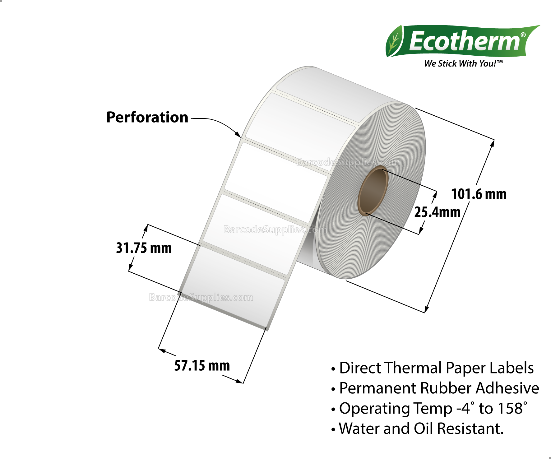 2.25 x 1.25 Direct Thermal White Labels With Rubber Adhesive - Perforated - 1135 Labels Per Roll - Carton Of 4 Rolls - 4540 Labels Total - MPN: ECOTHERM14103-4