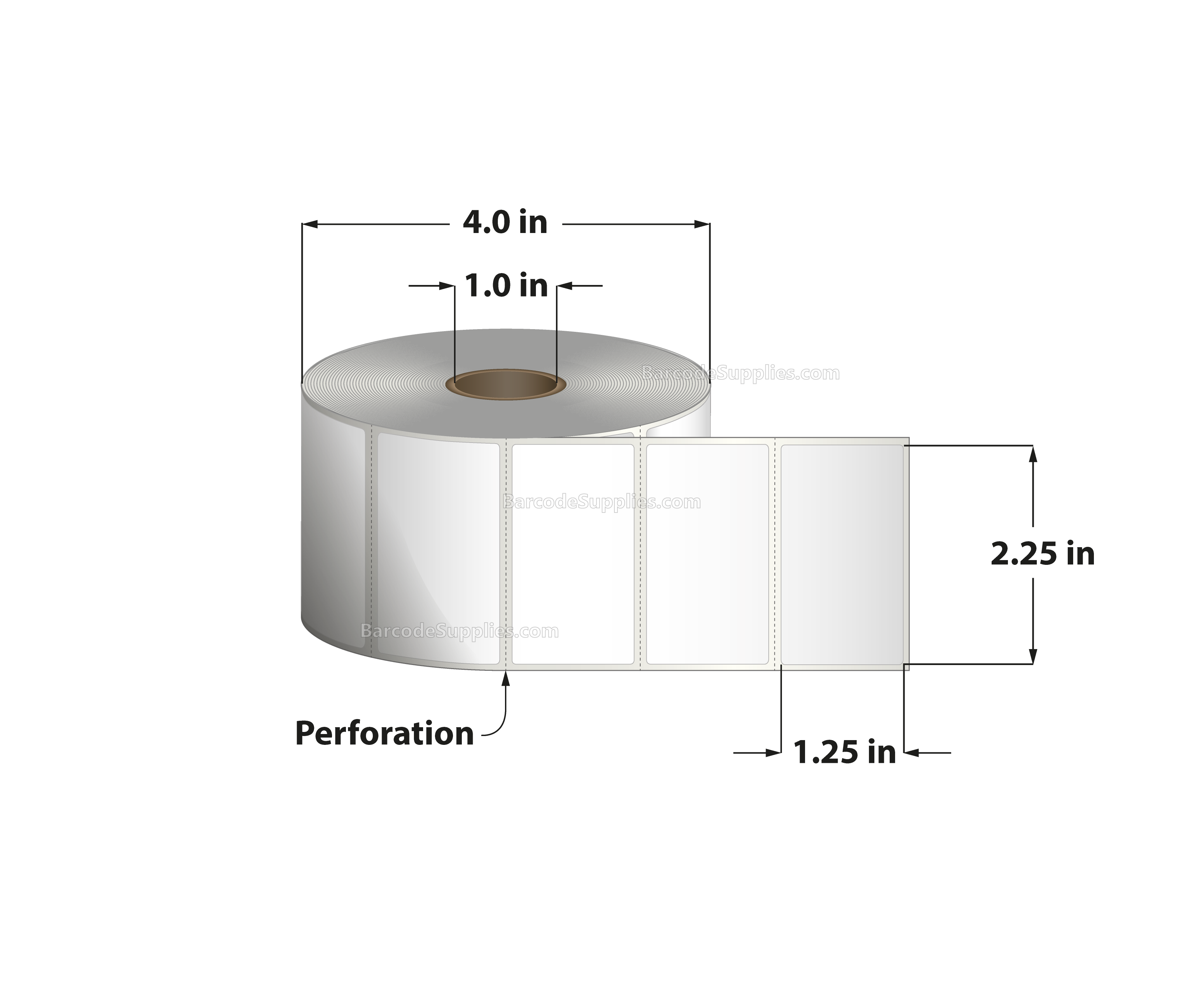 2.25 x 1.25 Direct Thermal White Labels With Acrylic Adhesive - Perforated - 1135 Labels Per Roll - Carton Of 12 Rolls - 13620 Labels Total - MPN: RD-225-125-1135-1 - BarcodeSource, Inc.