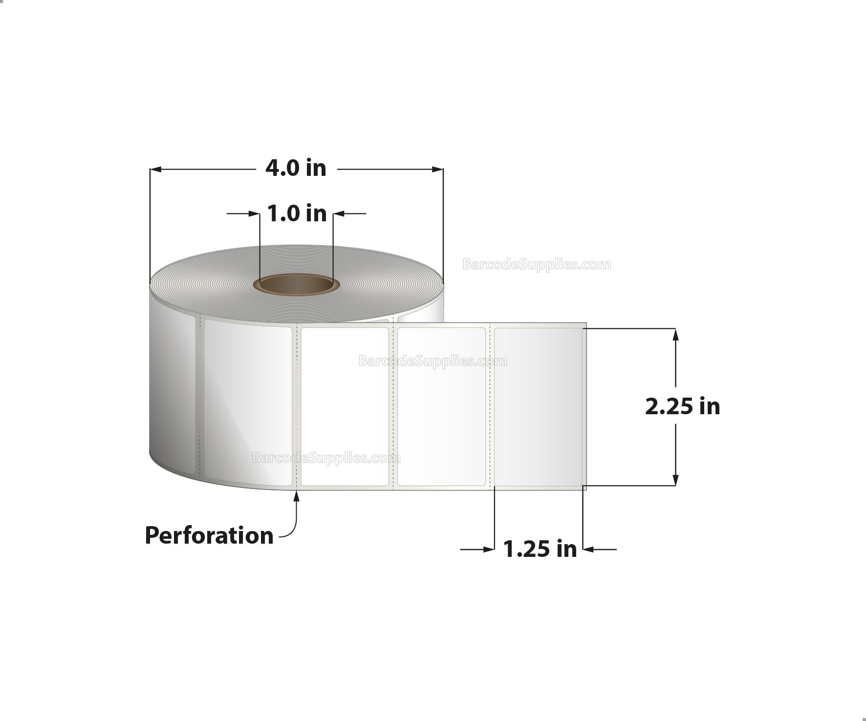 2.25 x 1.25 Thermal Transfer White Labels With Permanent Acrylic Adhesive - Perforated - 1135 Labels Per Roll - Carton Of 4 Rolls - 4540 Labels Total - MPN: TH225125-14PTT