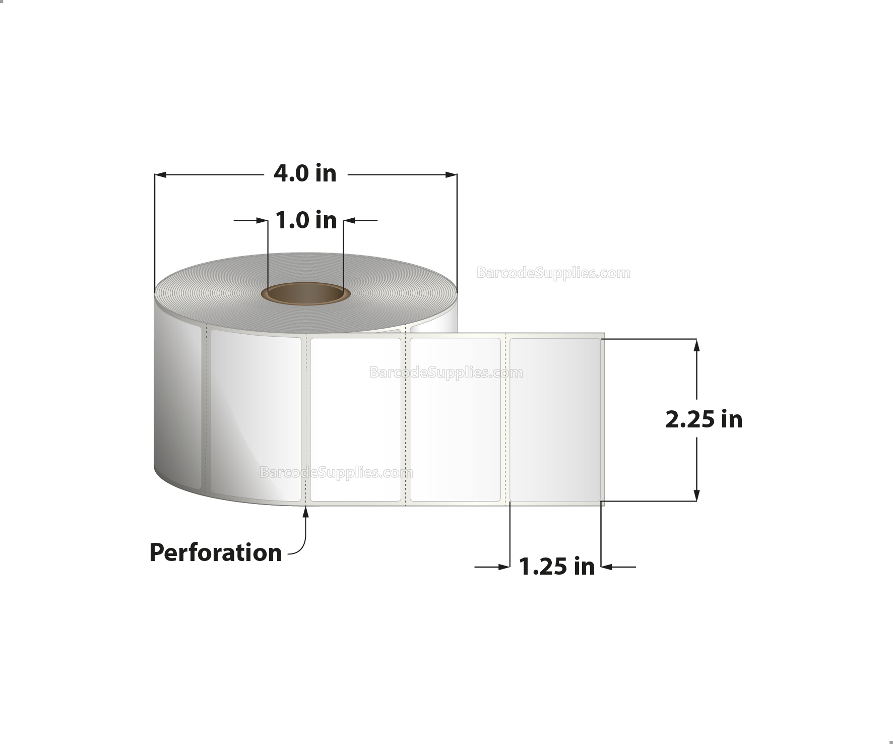 2.25 x 1.25 Thermal Transfer White Labels With Rubber Adhesive - Perforated - 1135 Labels Per Roll - Carton Of 12 Rolls - 13620 Labels Total - MPN: RTT4-225125-1P