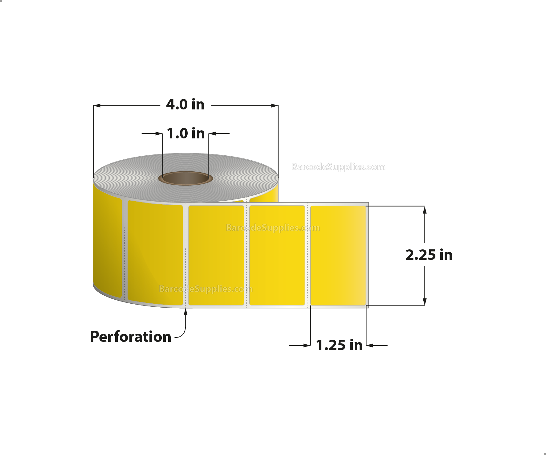 2.25 x 1.25 Direct Thermal Yellow Labels With Acrylic Adhesive - Perforated - 1135 Labels Per Roll - Carton Of 12 Rolls - 13620 Labels Total - MPN: RD-225-125-1135-YL