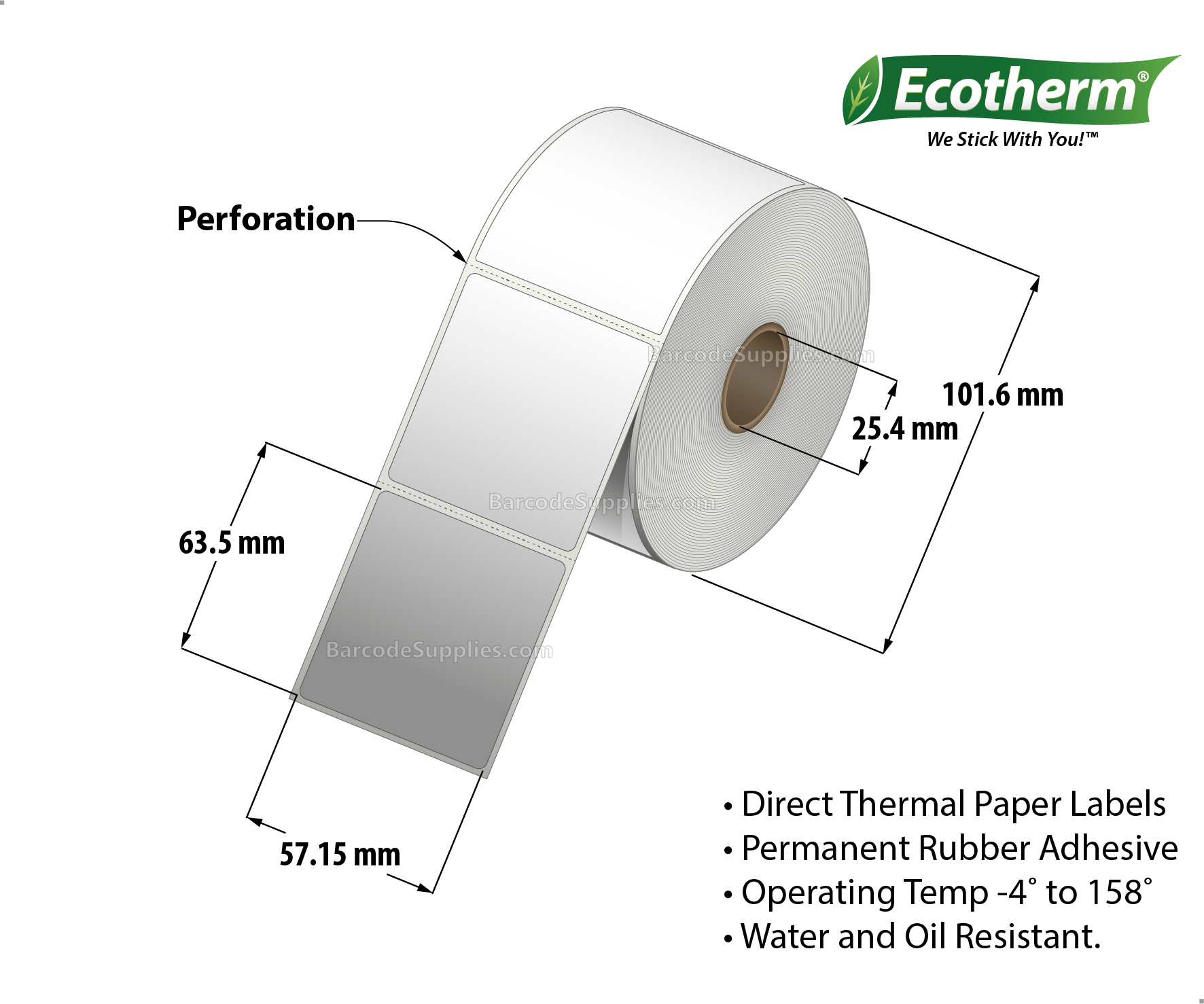 Products 2.25 x 2.5 Direct Thermal White Labels With Rubber Adhesive - Perforated - 600 Labels Per Roll - Carton Of 4 Rolls - 2400 Labels Total - MPN: ECOTHERM14135-4