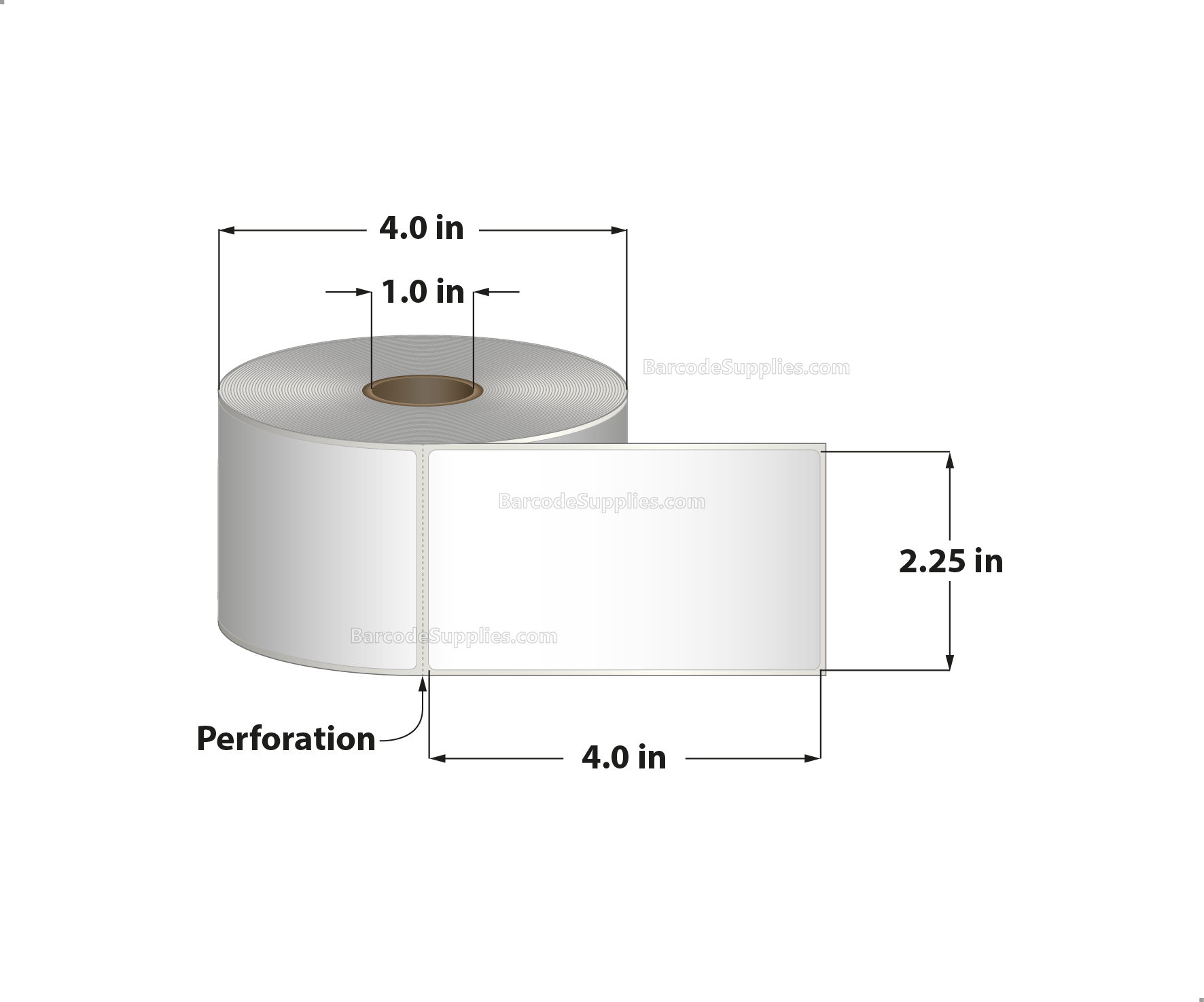 2.25 x 4 Thermal Transfer White Labels With Rubber Adhesive - Perforated - 380 Labels Per Roll - Carton Of 12 Rolls - 4560 Labels Total - MPN: RTT4-225400-1P