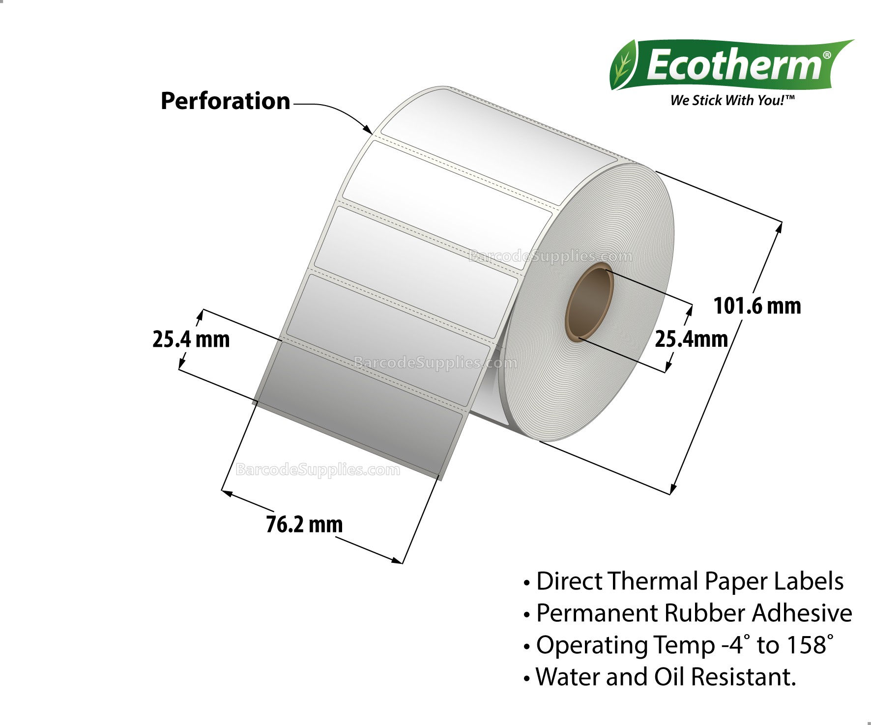 3 x 1 Direct Thermal White Labels With Rubber Adhesive - Perforated - 1310 Labels Per Roll - Carton Of 4 Rolls - 5240 Labels Total - MPN: ECOTHERM14108-4