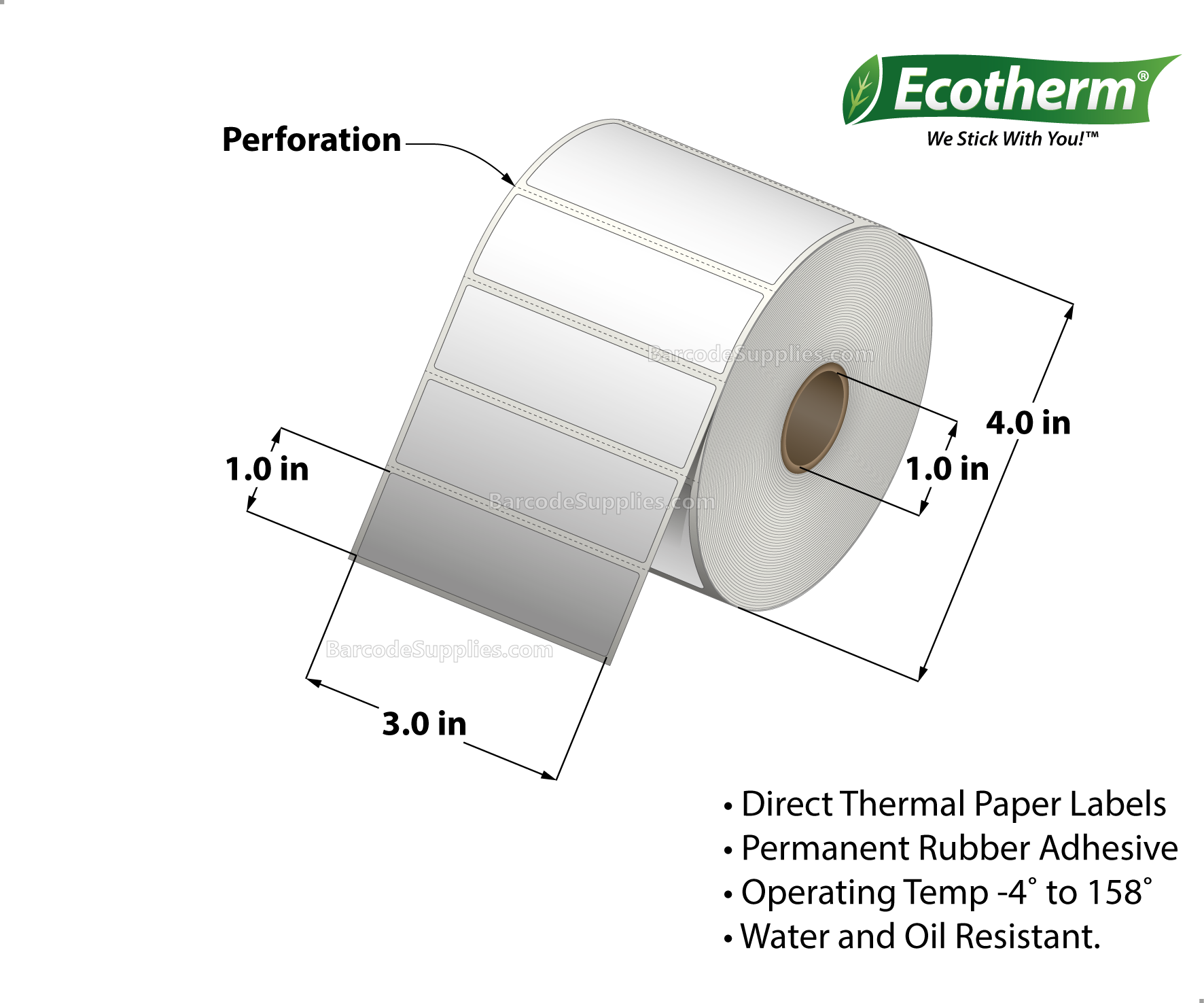 3 x 1 Direct Thermal White Labels With Rubber Adhesive - Perforated - 1310 Labels Per Roll - Carton Of 4 Rolls - 5240 Labels Total - MPN: ECOTHERM14108-4