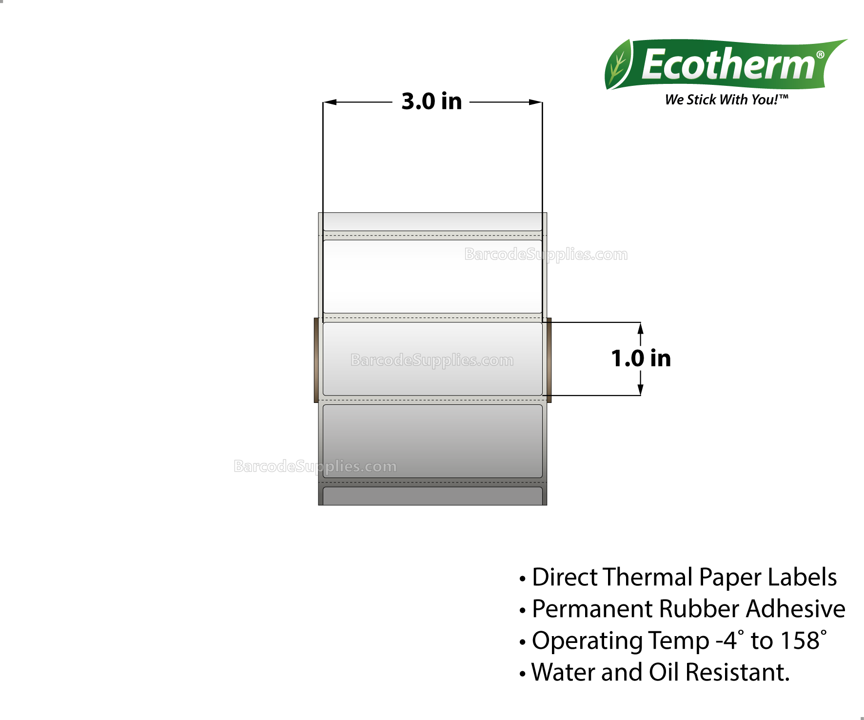 3 x 1 Direct Thermal White Labels With Rubber Adhesive - Perforated - 1310 Labels Per Roll - Carton Of 4 Rolls - 5240 Labels Total - MPN: ECOTHERM14108-4