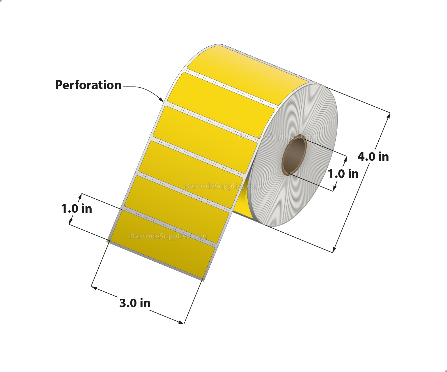 3 x 1 Direct Thermal Yellow Labels With Acrylic Adhesive - Perforated - 1375 Labels Per Roll - Carton Of 12 Rolls - 16500 Labels Total - MPN: RD-3-1-1375-YL