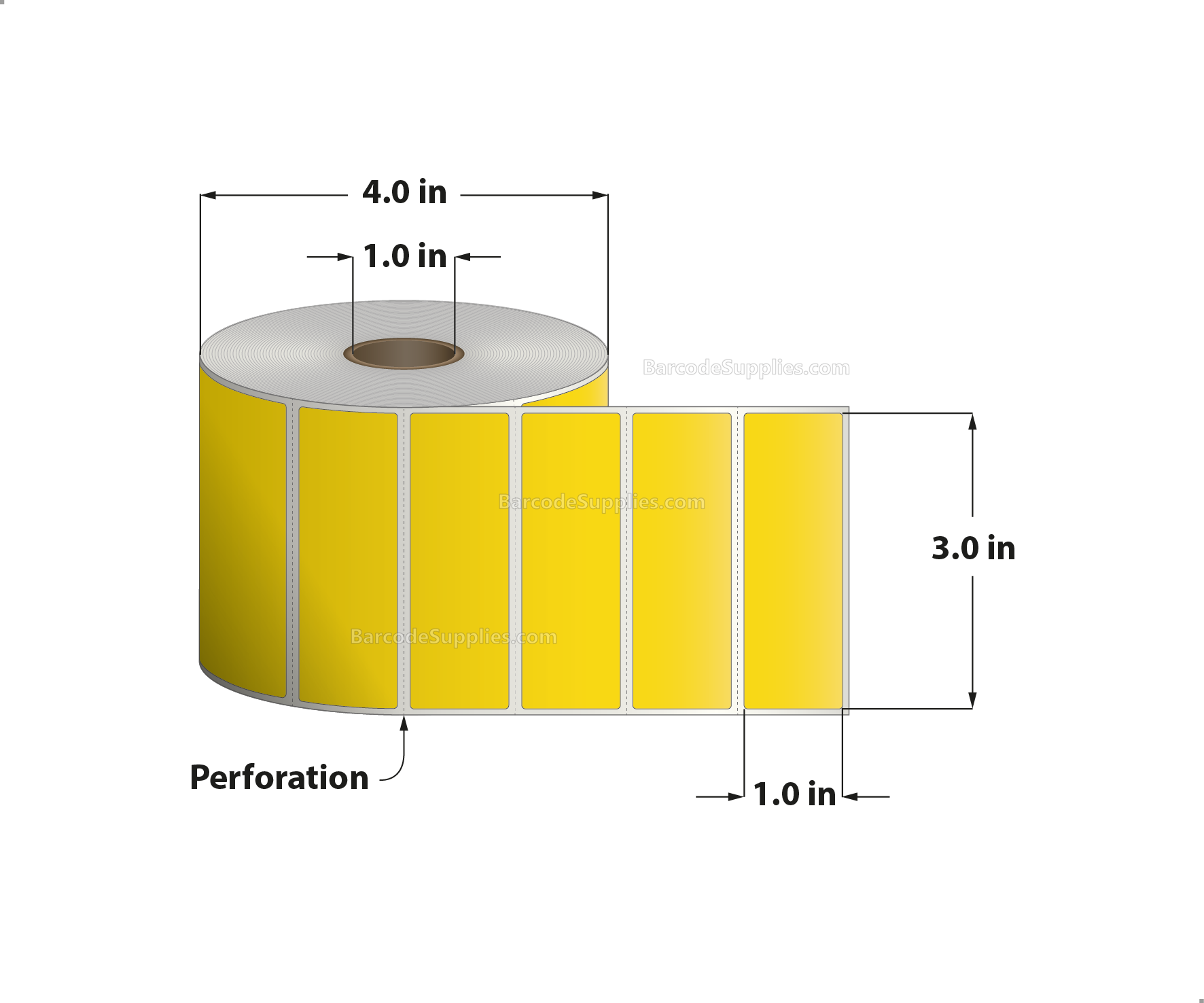 3 x 1 Thermal Transfer Pantone Yellow Labels With Permanent Adhesive - Perforated - 1375 Labels Per Roll - Carton Of 12 Rolls - 16500 Labels Total - MPN: RFC-3-1-1375-YL