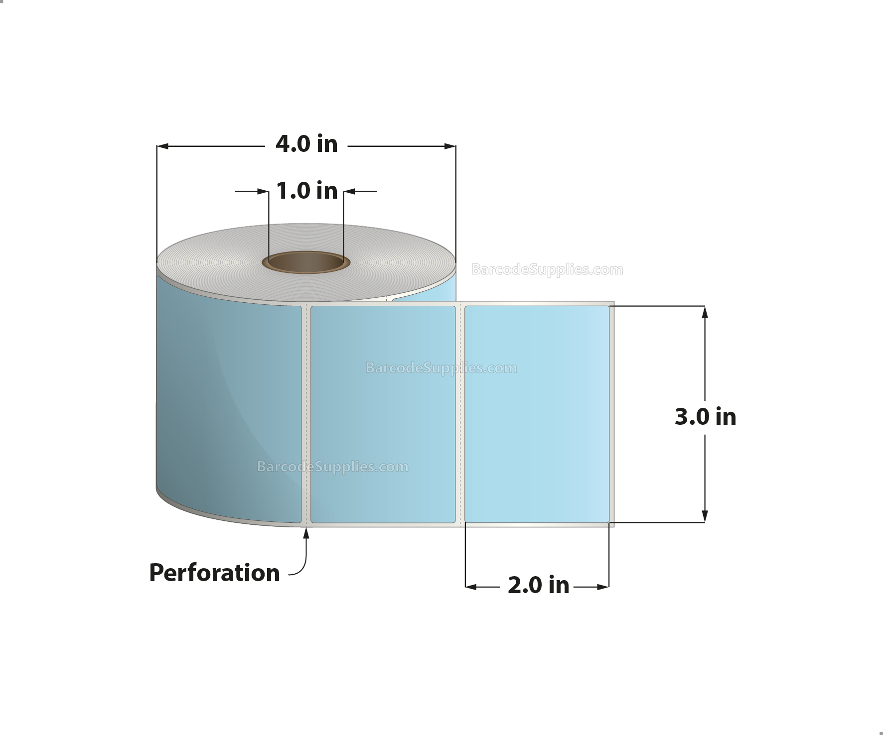 3 x 2 Direct Thermal Blue Labels With Acrylic Adhesive - Perforated - 735 Labels Per Roll - Carton Of 12 Rolls - 8820 Labels Total - MPN: RD-3-2-735-BL