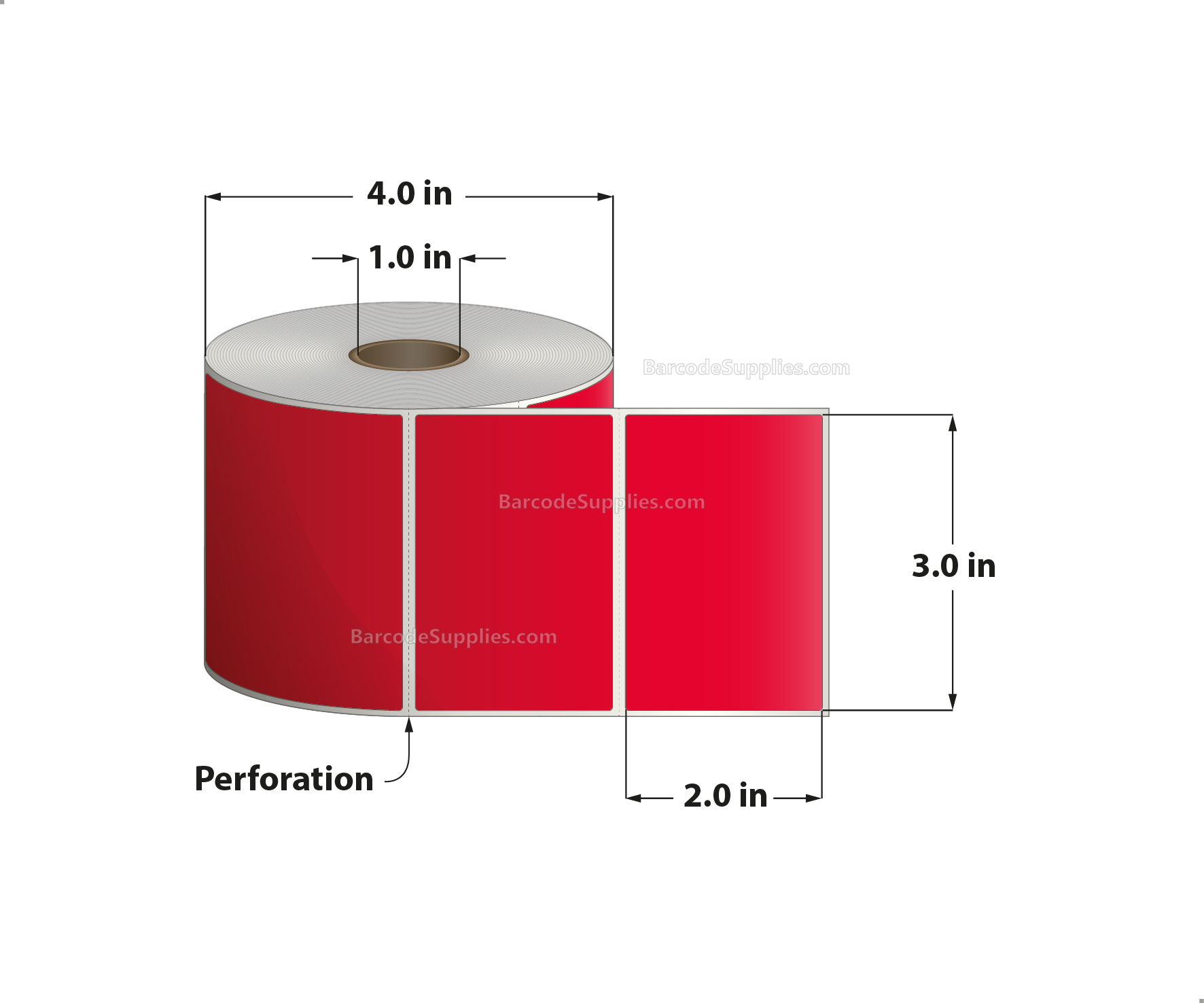 3 x 2 Direct Thermal Red Labels With Acrylic Adhesive - Perforated - 735 Labels Per Roll - Carton Of 12 Rolls - 8820 Labels Total - MPN: RD-3-2-735-RD