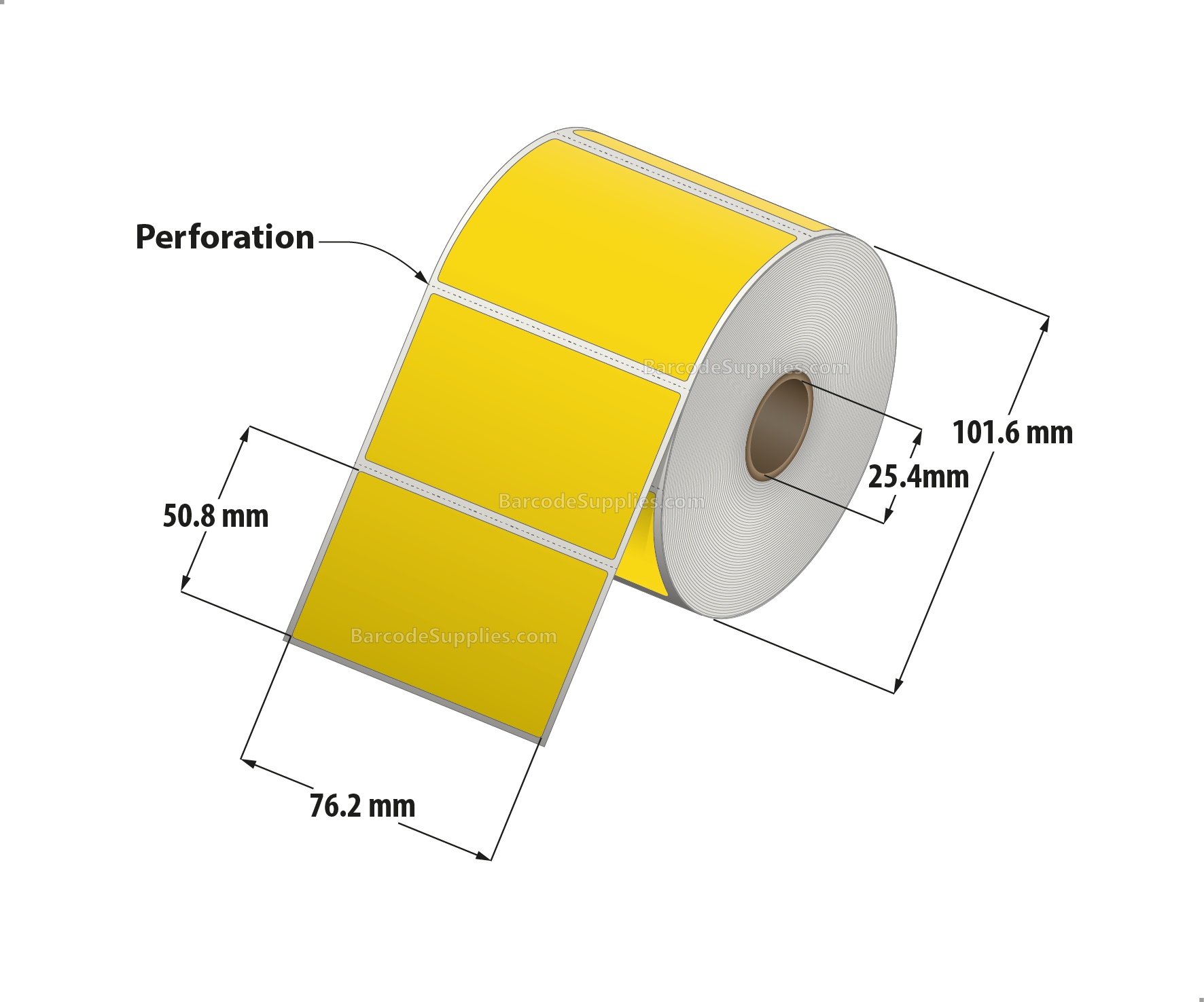 3 x 2 Direct Thermal Yellow Labels With Acrylic Adhesive - Perforated - 735 Labels Per Roll - Carton Of 12 Rolls - 8820 Labels Total - MPN: RD-3-2-735-YL