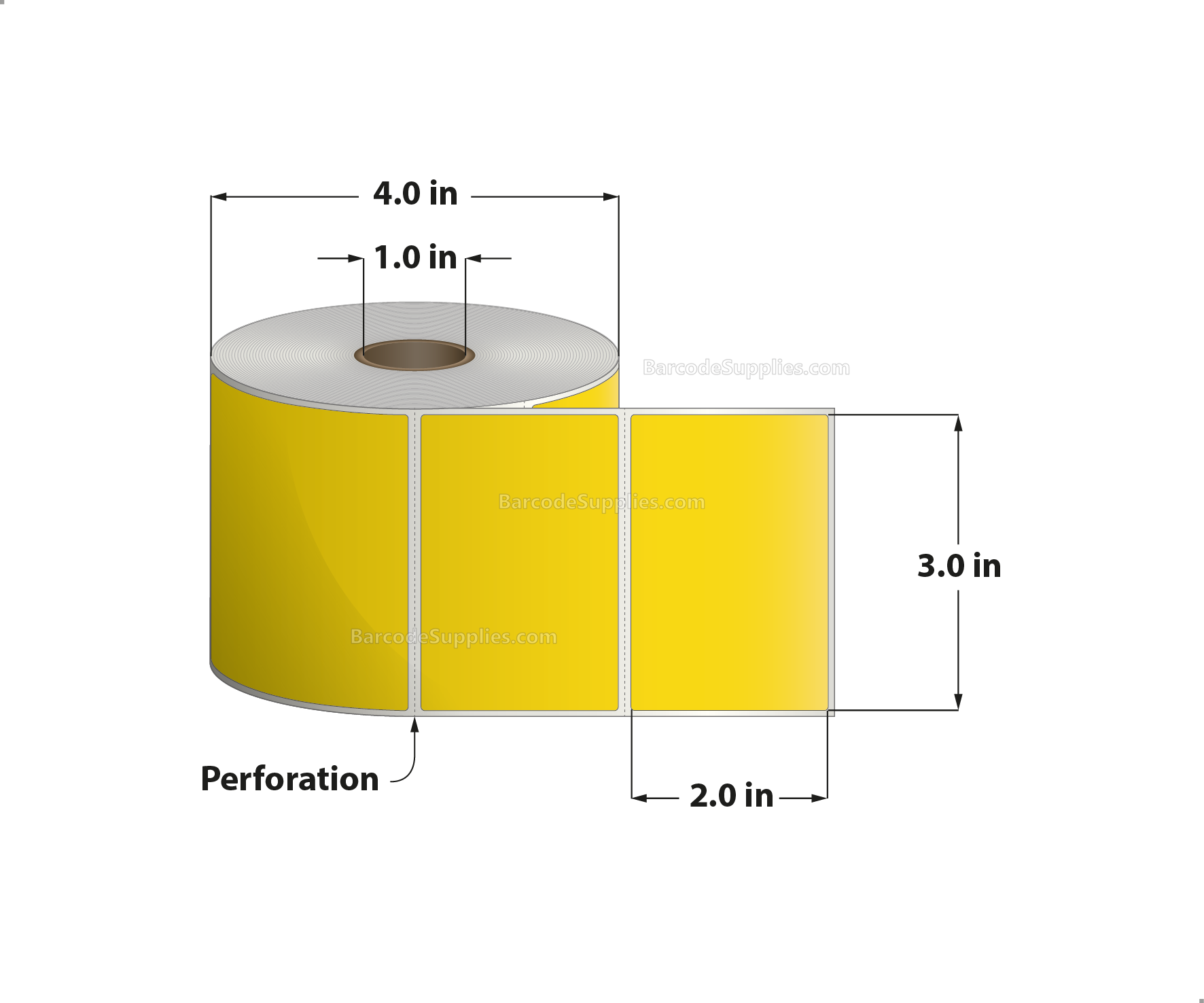 3 x 2 Direct Thermal Yellow Labels With Acrylic Adhesive - Perforated - 735 Labels Per Roll - Carton Of 12 Rolls - 8820 Labels Total - MPN: RD-3-2-735-YL