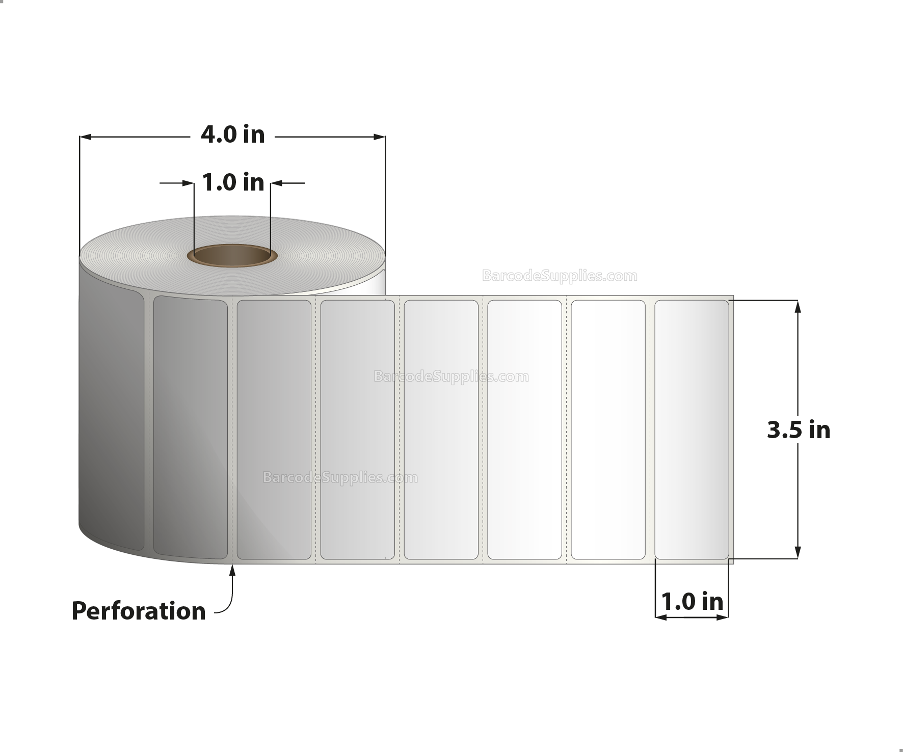3.5 x 1 Thermal Transfer White Labels With Permanent Acrylic Adhesive - Perforated - 1310 Labels Per Roll - Carton Of 4 Rolls - 5240 Labels Total - MPN: TH351-14PTT
