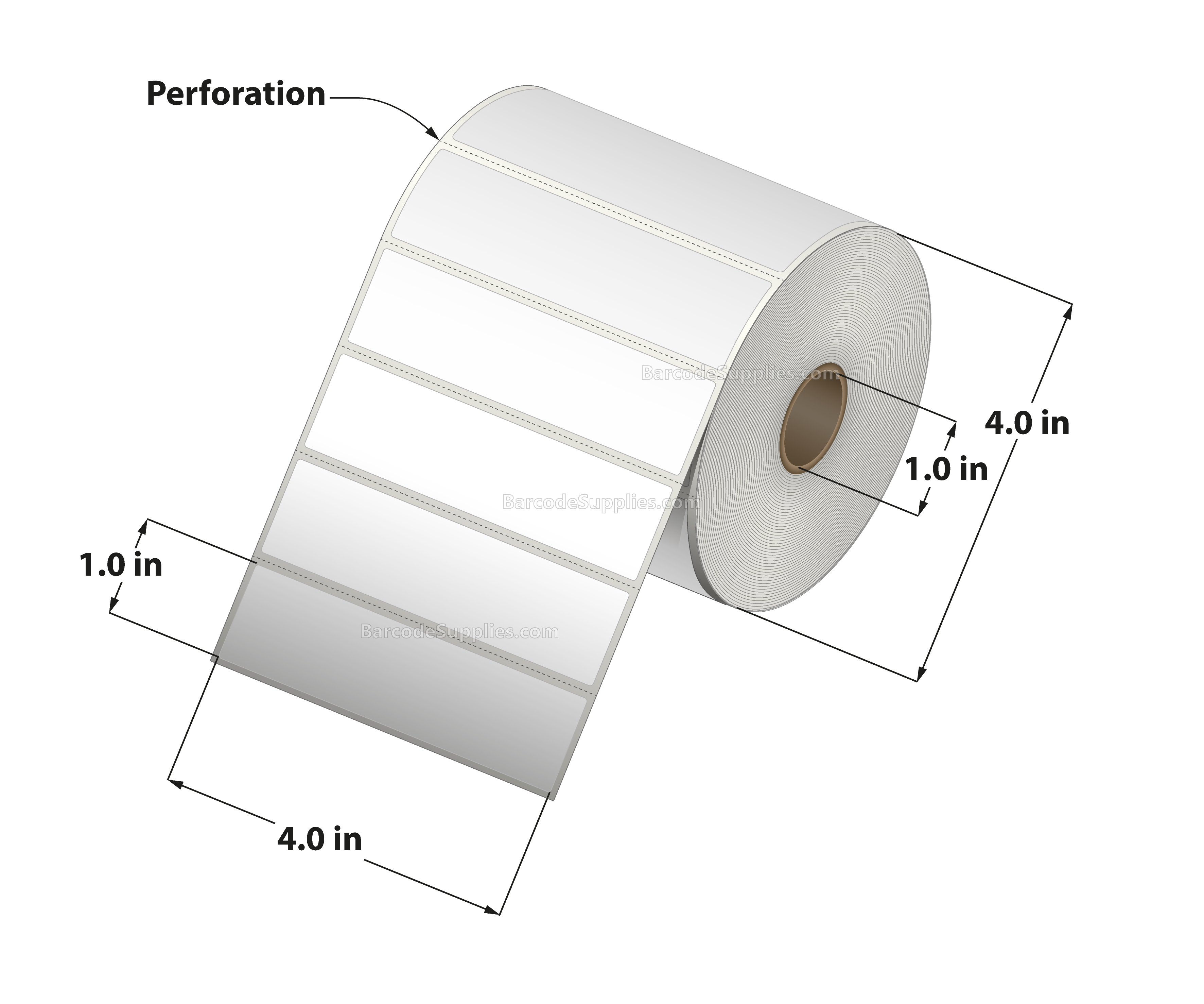 4 x 1 Thermal Transfer White Labels With Permanent Adhesive - Perforated - 1375 Labels Per Roll - Carton Of 12 Rolls - 16500 Labels Total - MPN: RT-4-1-1375-1 - BarcodeSource, Inc.