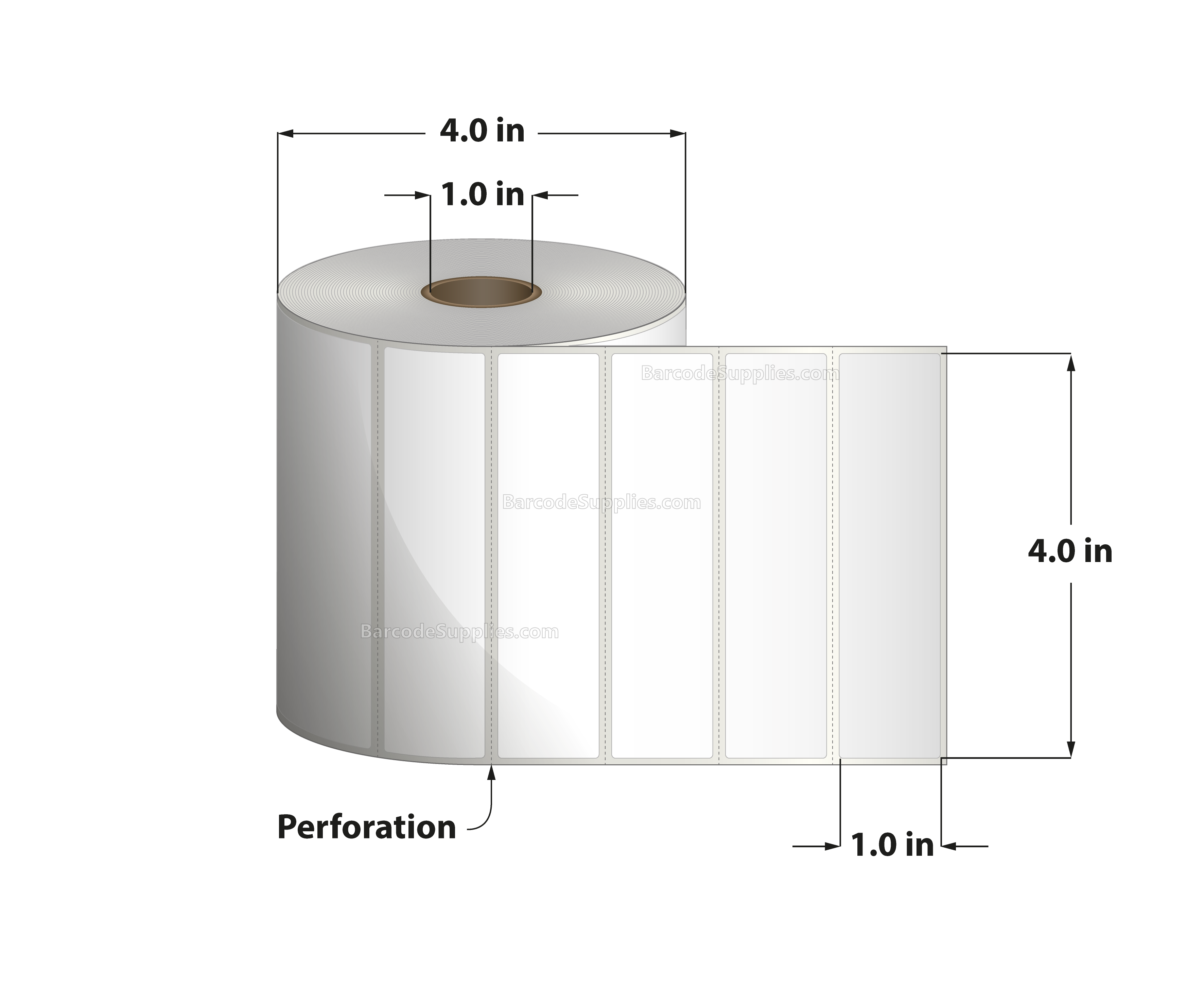 4 x 1 Thermal Transfer White Labels With Permanent Adhesive - Perforated - 1375 Labels Per Roll - Carton Of 12 Rolls - 16500 Labels Total - MPN: RT-4-1-1375-1 - BarcodeSource, Inc.