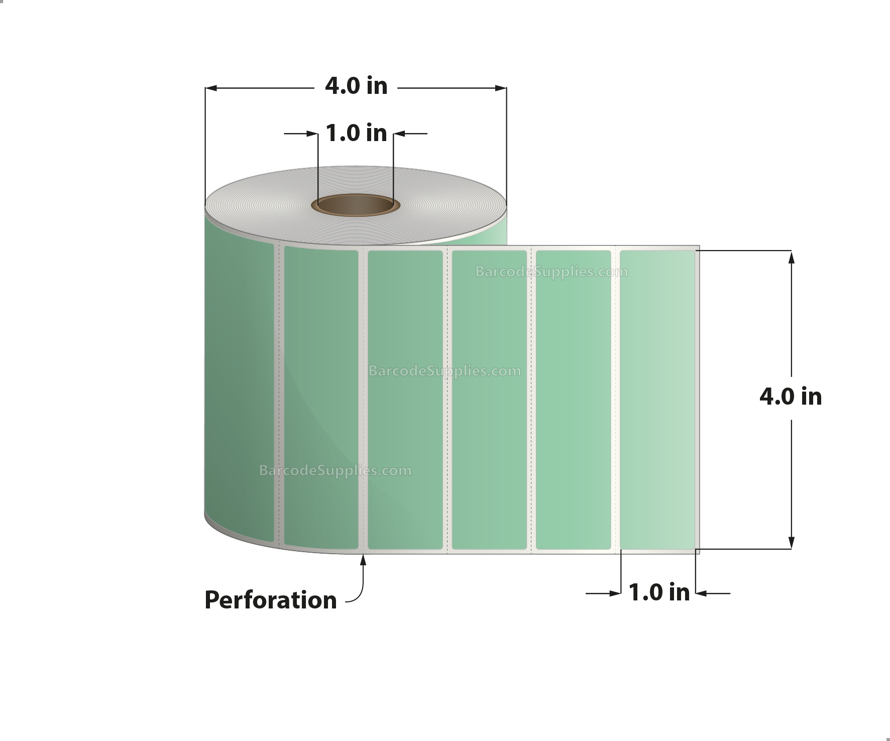 4 x 1 Direct Thermal Green Labels With Acrylic Adhesive - Perforated - 1375 Labels Per Roll - Carton Of 12 Rolls - 16500 Labels Total - MPN: RD-4-1-1375-GR