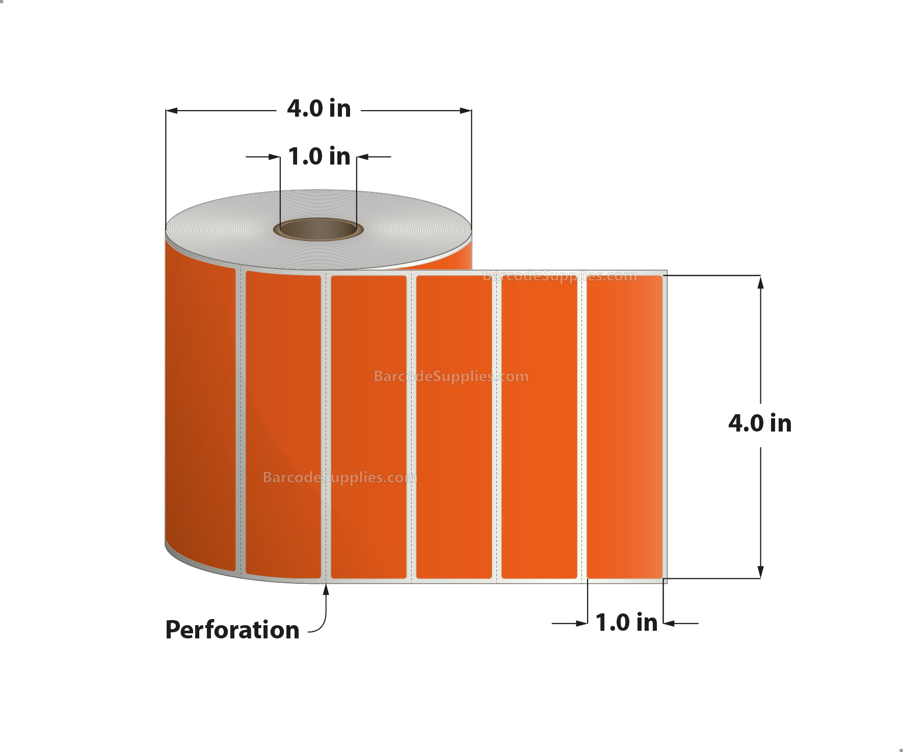 4 x 1 Direct Thermal Orange Labels With Acrylic Adhesive - Perforated - 1375 Labels Per Roll - Carton Of 12 Rolls - 16500 Labels Total - MPN: RD-4-1-1375-OR