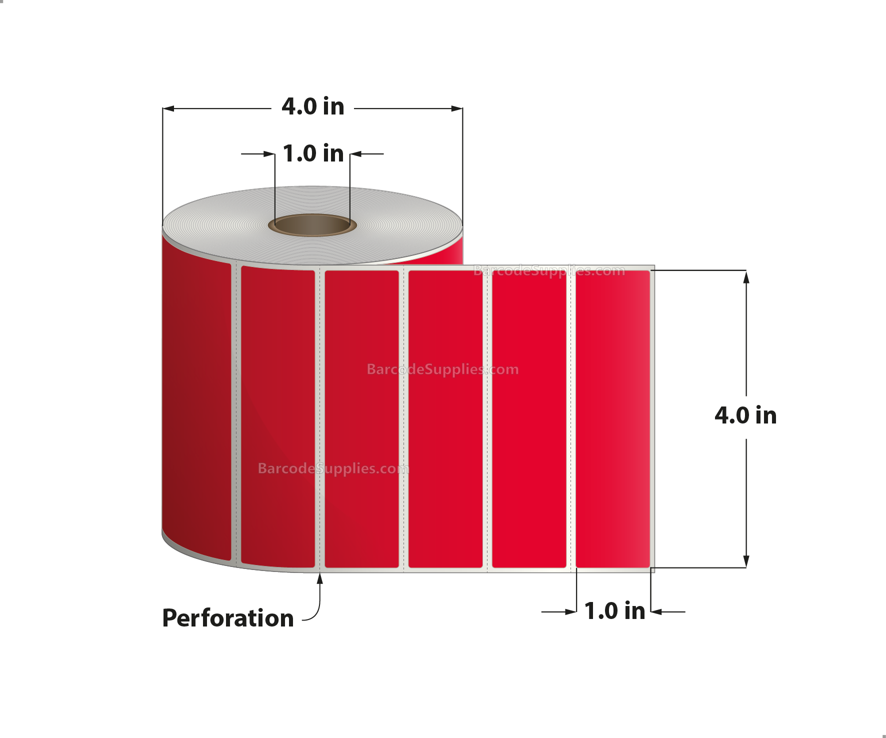 4 x 1 Direct Thermal Red Labels With Acrylic Adhesive - Perforated - 1375 Labels Per Roll - Carton Of 12 Rolls - 16500 Labels Total - MPN: RD-4-1-1375-RD
