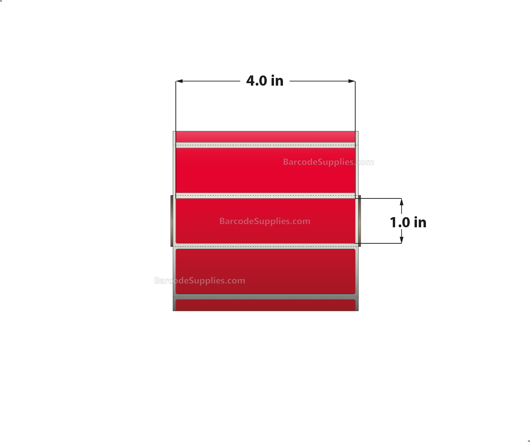 4 x 1 Direct Thermal Red Labels With Acrylic Adhesive - Perforated - 1375 Labels Per Roll - Carton Of 12 Rolls - 16500 Labels Total - MPN: RD-4-1-1375-RD
