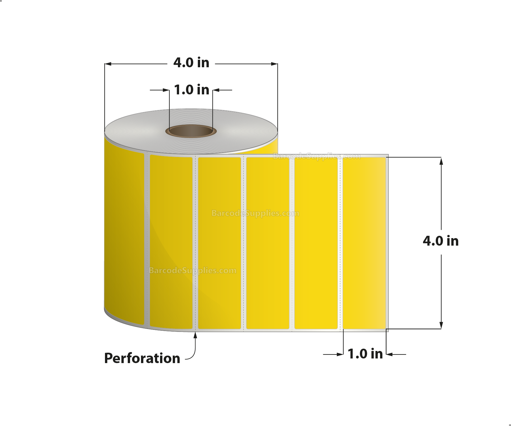 4 x 1 Direct Thermal Yellow Labels With Acrylic Adhesive - Perforated - 1375 Labels Per Roll - Carton Of 12 Rolls - 16500 Labels Total - MPN: RD-4-1-1375-YL
