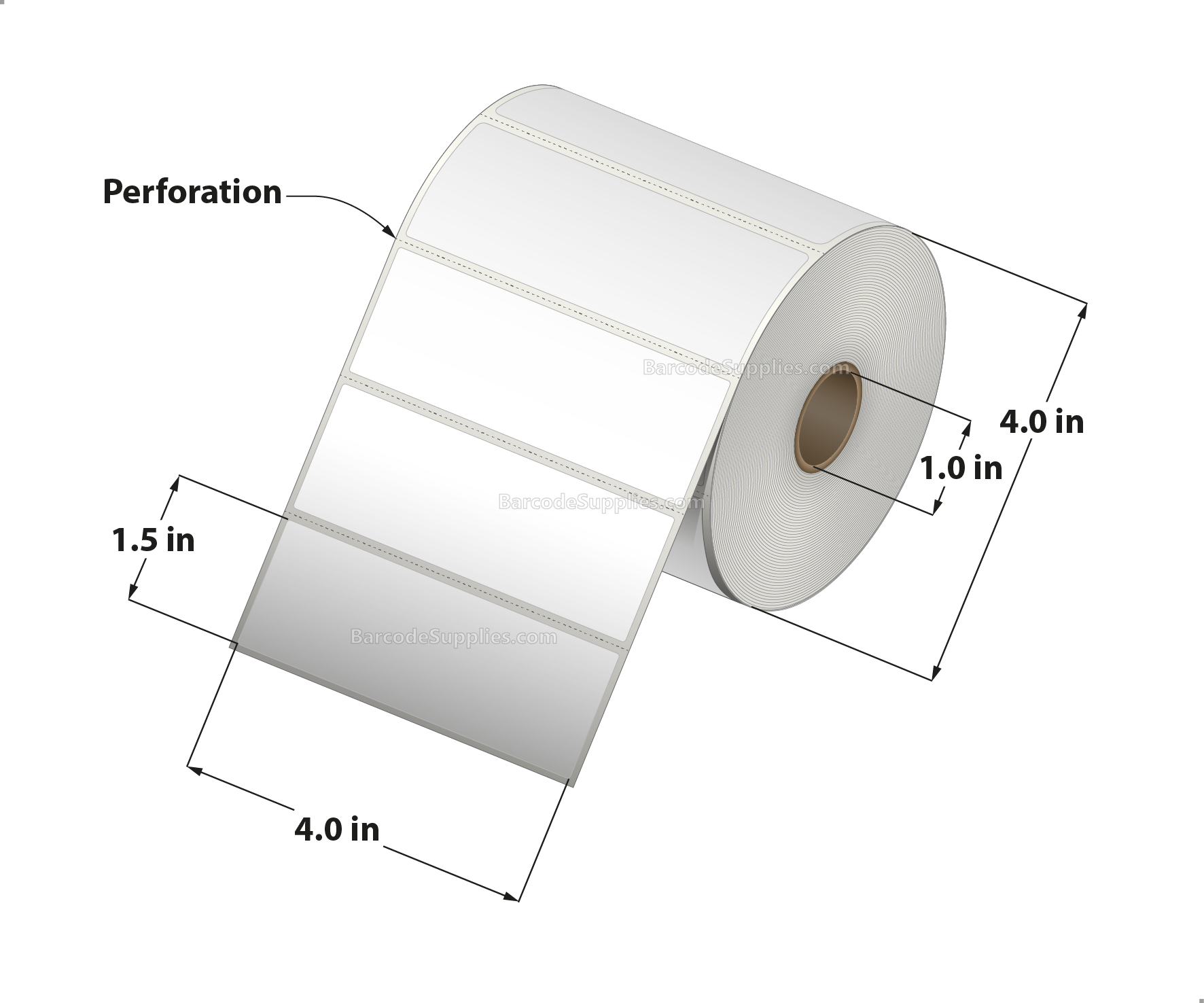 4 x 1.5 Thermal Transfer White Labels With Rubber Adhesive - Perforated - 960 Labels Per Roll - Carton Of 12 Rolls - 11520 Labels Total - MPN: RTT4-400150-1P