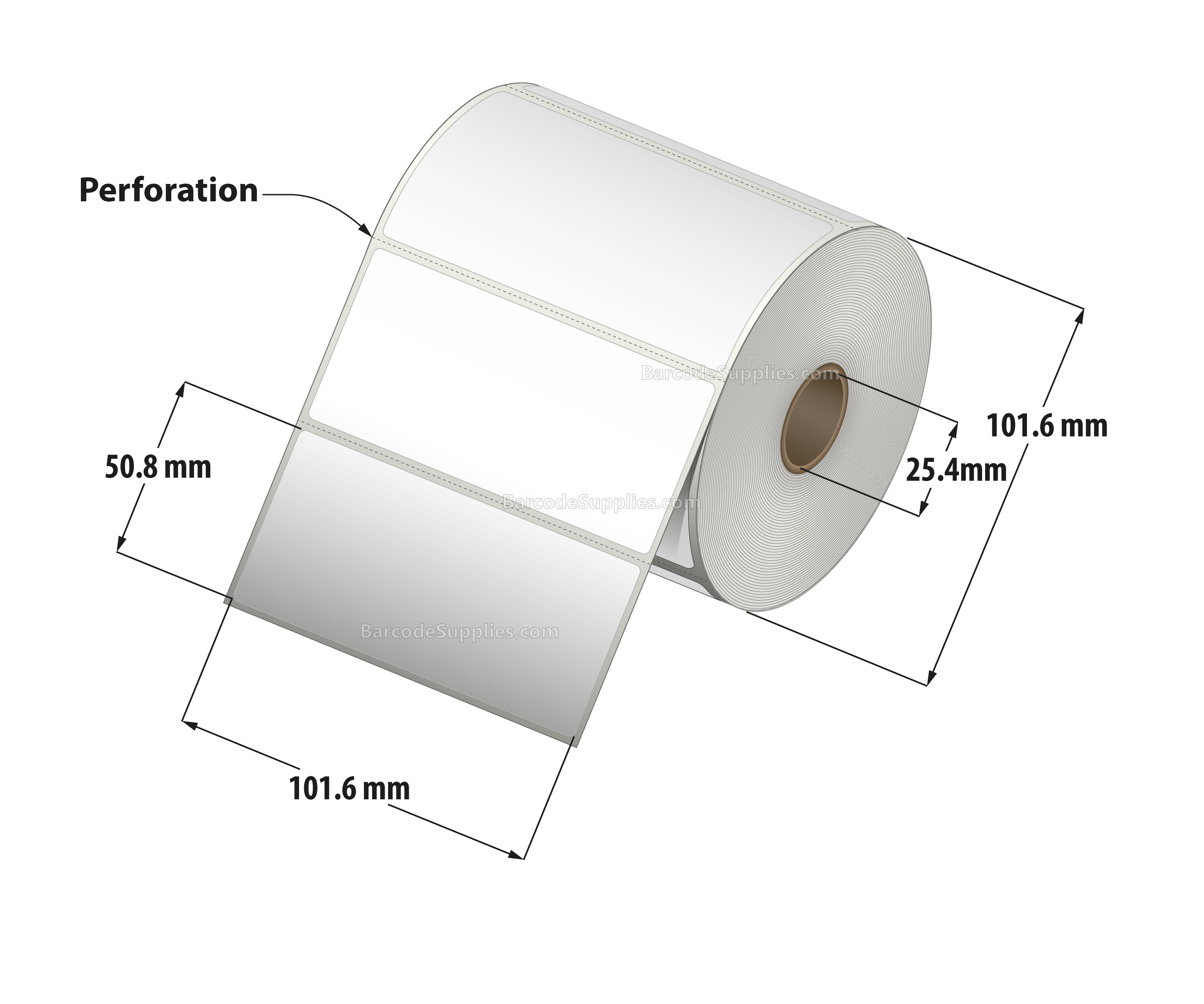 4 x 2 Thermal Transfer White Labels With Permanent Adhesive - Perforated - 735 Labels Per Roll - Carton Of 12 Rolls - 8820 Labels Total - MPN: RT-4-2-735-1 - BarcodeSource, Inc.