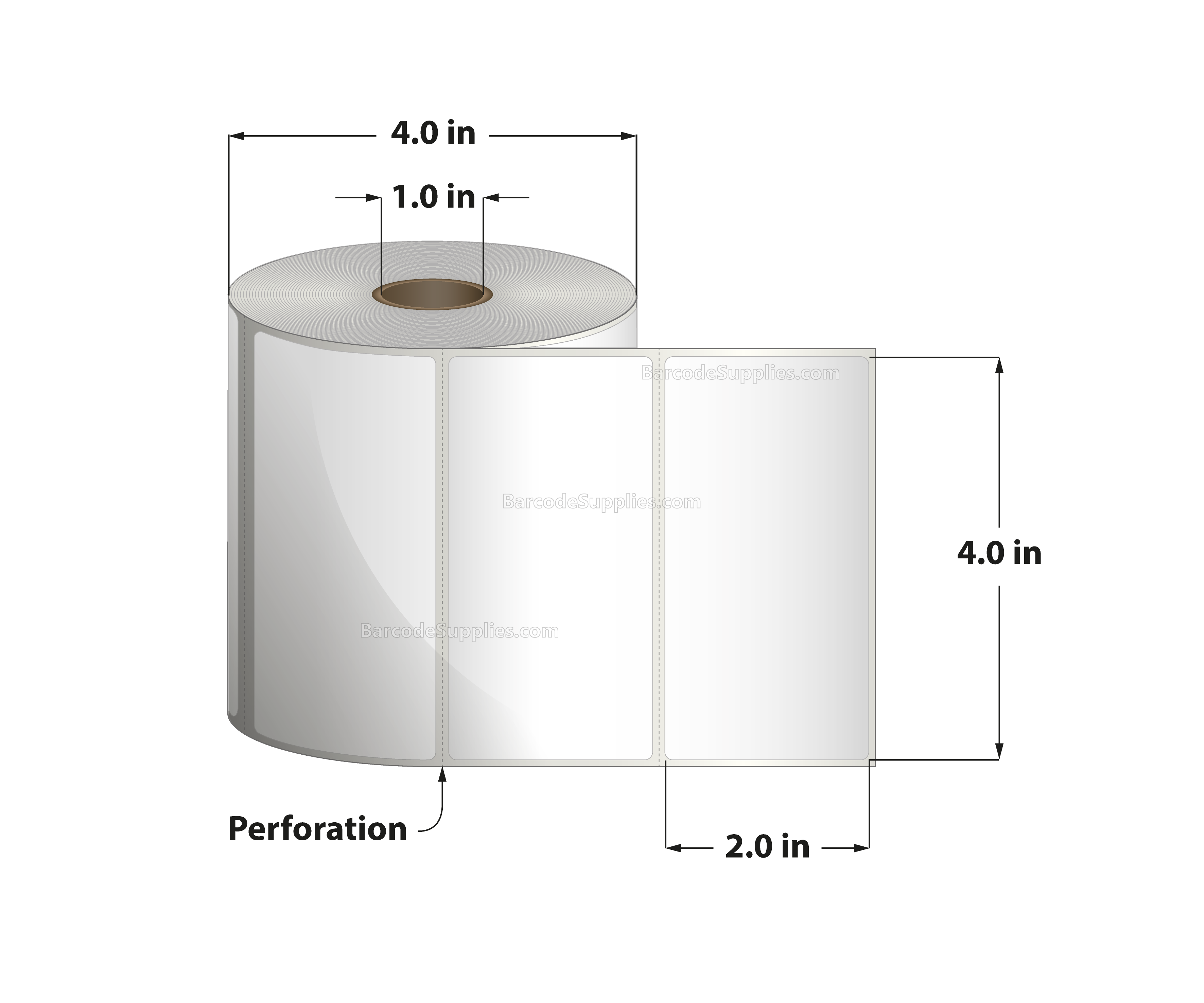 4 x 2 Thermal Transfer White Labels With Permanent Adhesive - Perforated - 735 Labels Per Roll - Carton Of 12 Rolls - 8820 Labels Total - MPN: RT-4-2-735-1 - BarcodeSource, Inc.