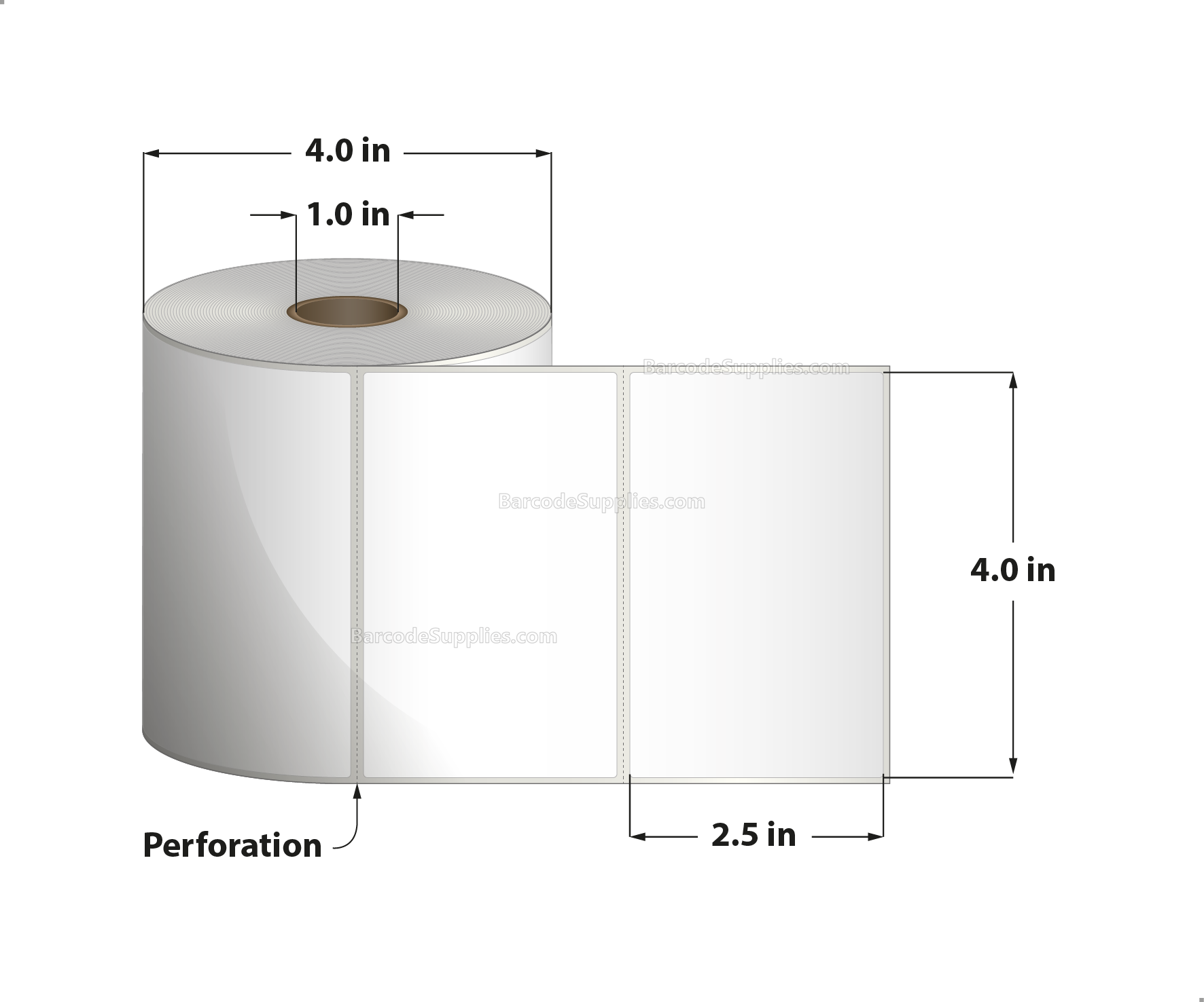 4 x 2.5 Thermal Transfer White Labels With Rubber Adhesive - Perforated - 400 Labels Per Roll - Carton Of 12 Rolls - 4800 Labels Total - MPN: RTT4-400250-1P