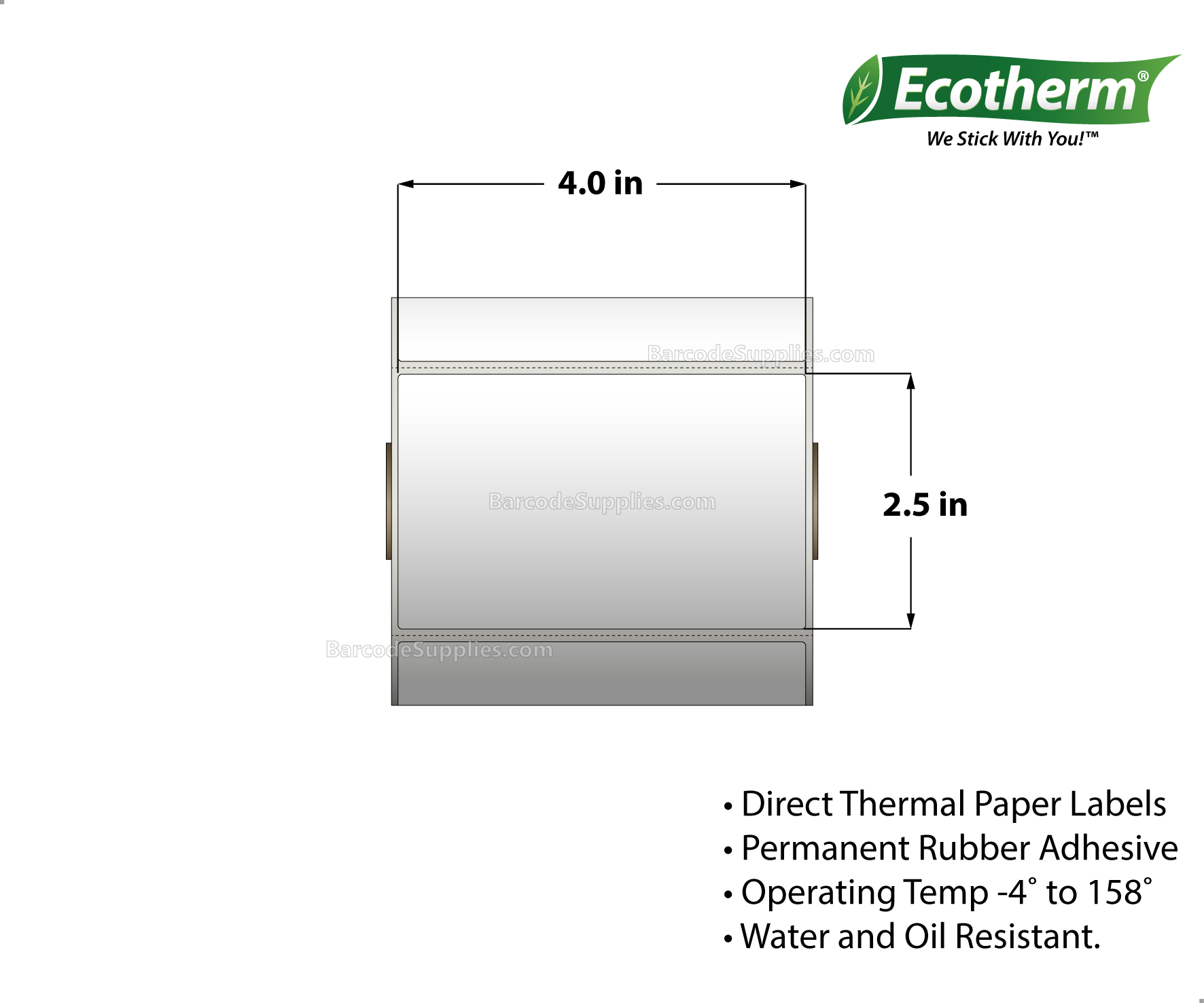 Products 4 x 2.5 Direct Thermal White Labels With Rubber Adhesive - Perforated - 600 Labels Per Roll - Carton Of 4 Rolls - 2400 Labels Total - MPN: ECOTHERM14113-4
