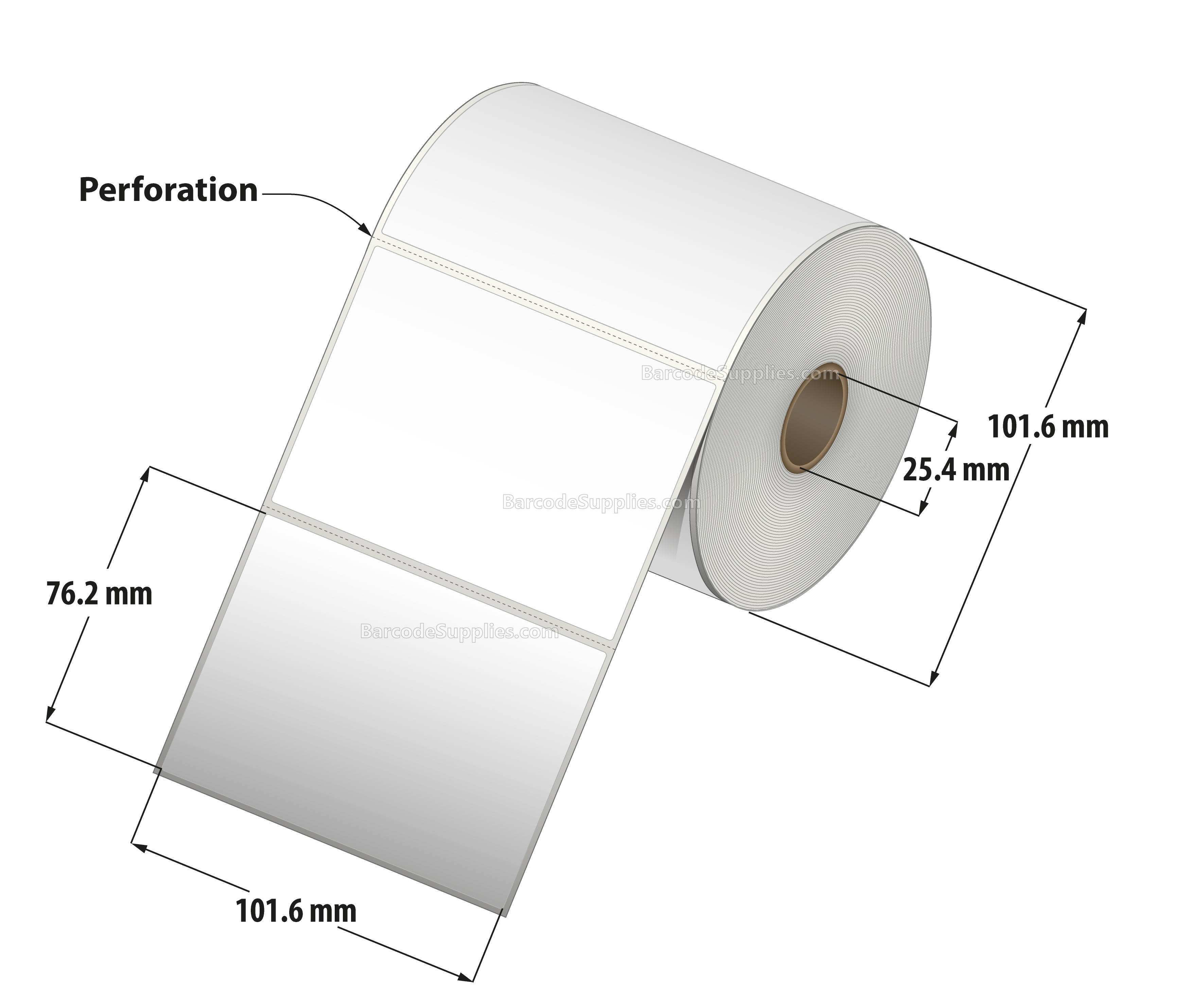 4 x 3 Thermal Transfer White Labels With Permanent Adhesive - Perforated - 500 Labels Per Roll - Carton Of 12 Rolls - 6000 Labels Total - MPN: RT-4-3-500-1 - BarcodeSource, Inc.