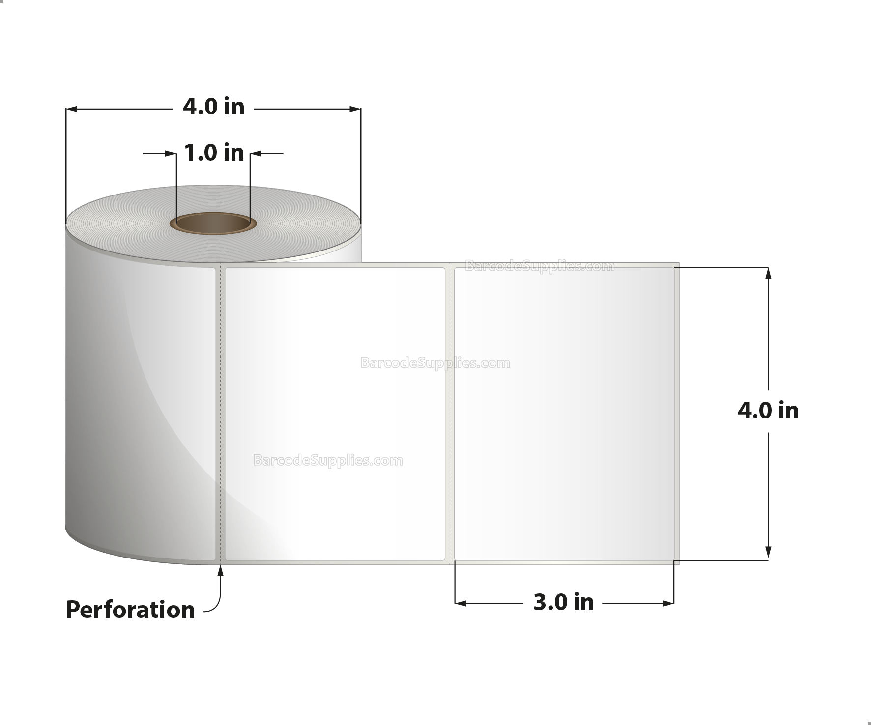 4 x 3 Thermal Transfer White Labels With Rubber Adhesive - Perforated - 500 Labels Per Roll - Carton Of 12 Rolls - 6000 Labels Total - MPN: RTT4-400300-1P